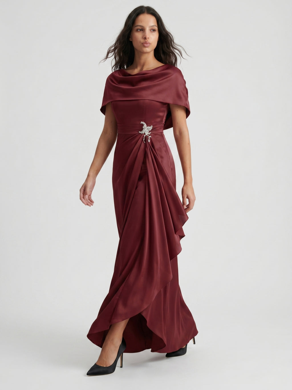 Cabernet Satin A-Line Scoop Neck Back Zip Floor-Length Bridesmaid Dress with Pleats