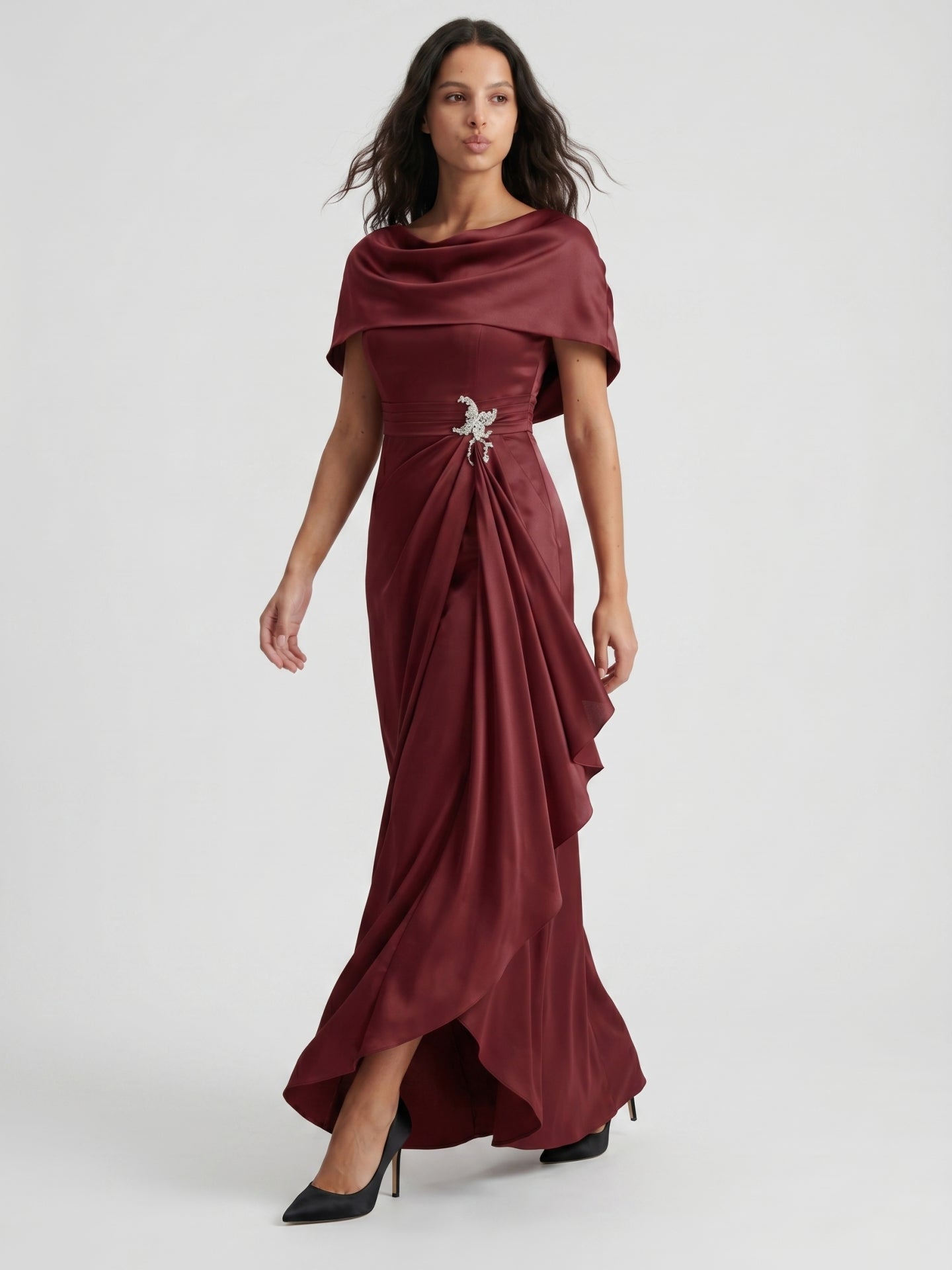 Cabernet Satin A-Line Scoop Neck Back Zip Floor-Length Bridesmaid Dress with Pleats