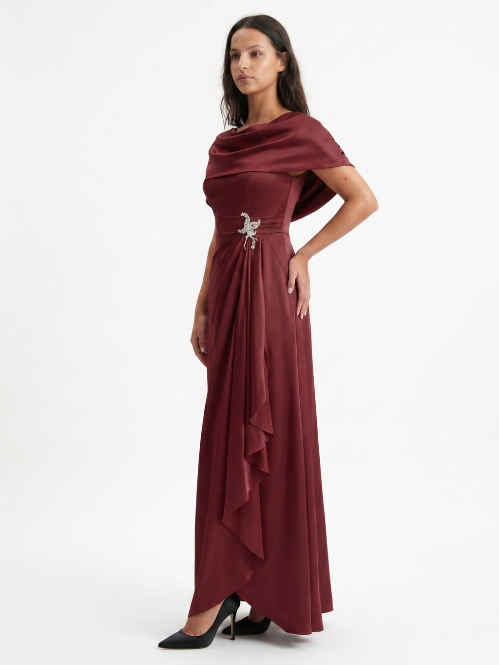 Cabernet Satin A-Line Scoop Neck Back Zip Floor-Length Bridesmaid Dress with Pleats