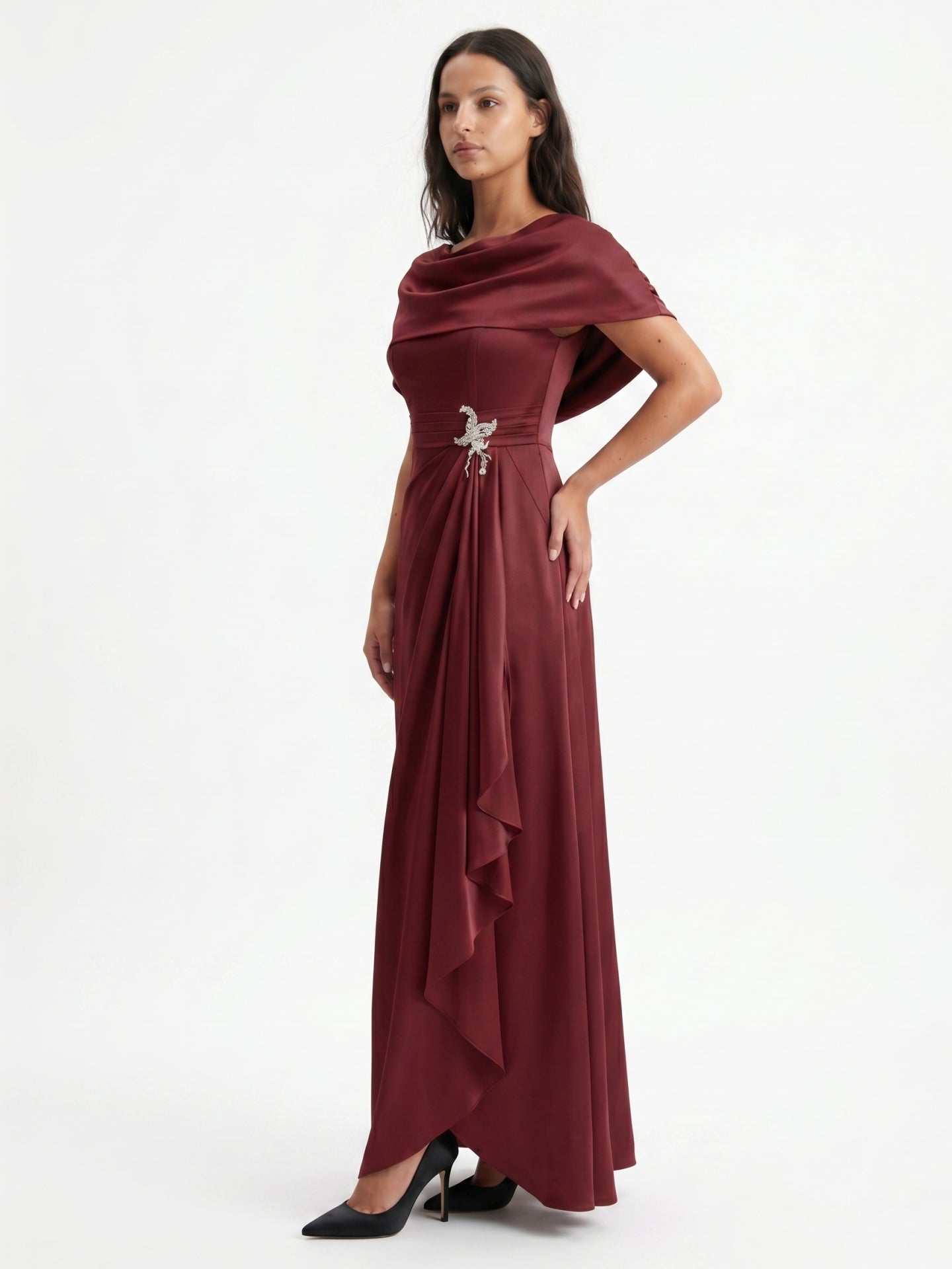 Cabernet Satin A-Line Scoop Neck Back Zip Floor-Length Bridesmaid Dress with Pleats
