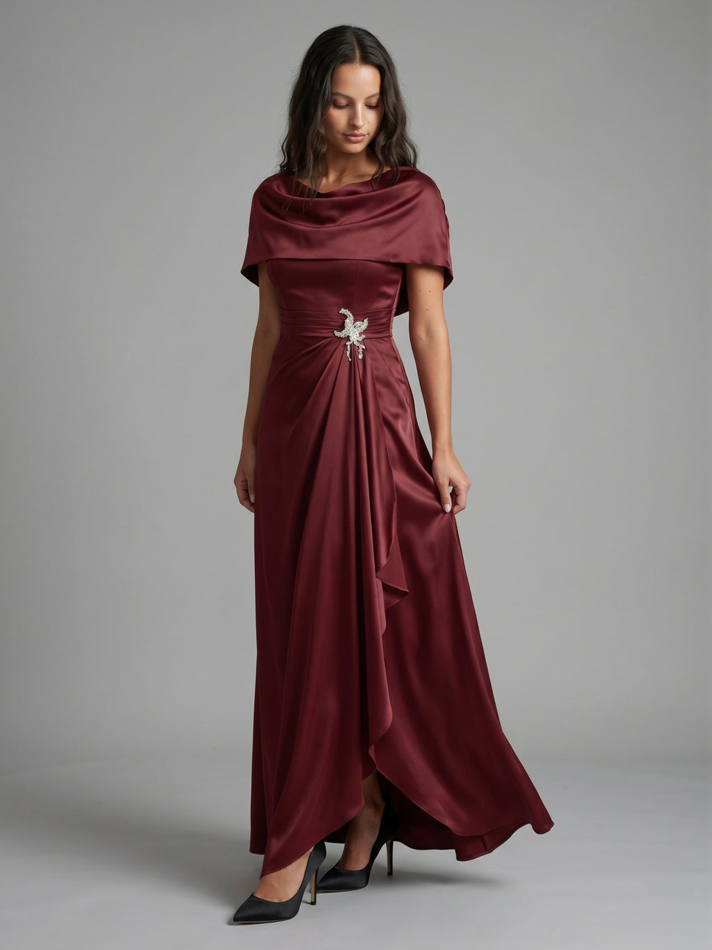 Cabernet Satin A-Line Scoop Neck Back Zip Floor-Length Bridesmaid Dress with Pleats