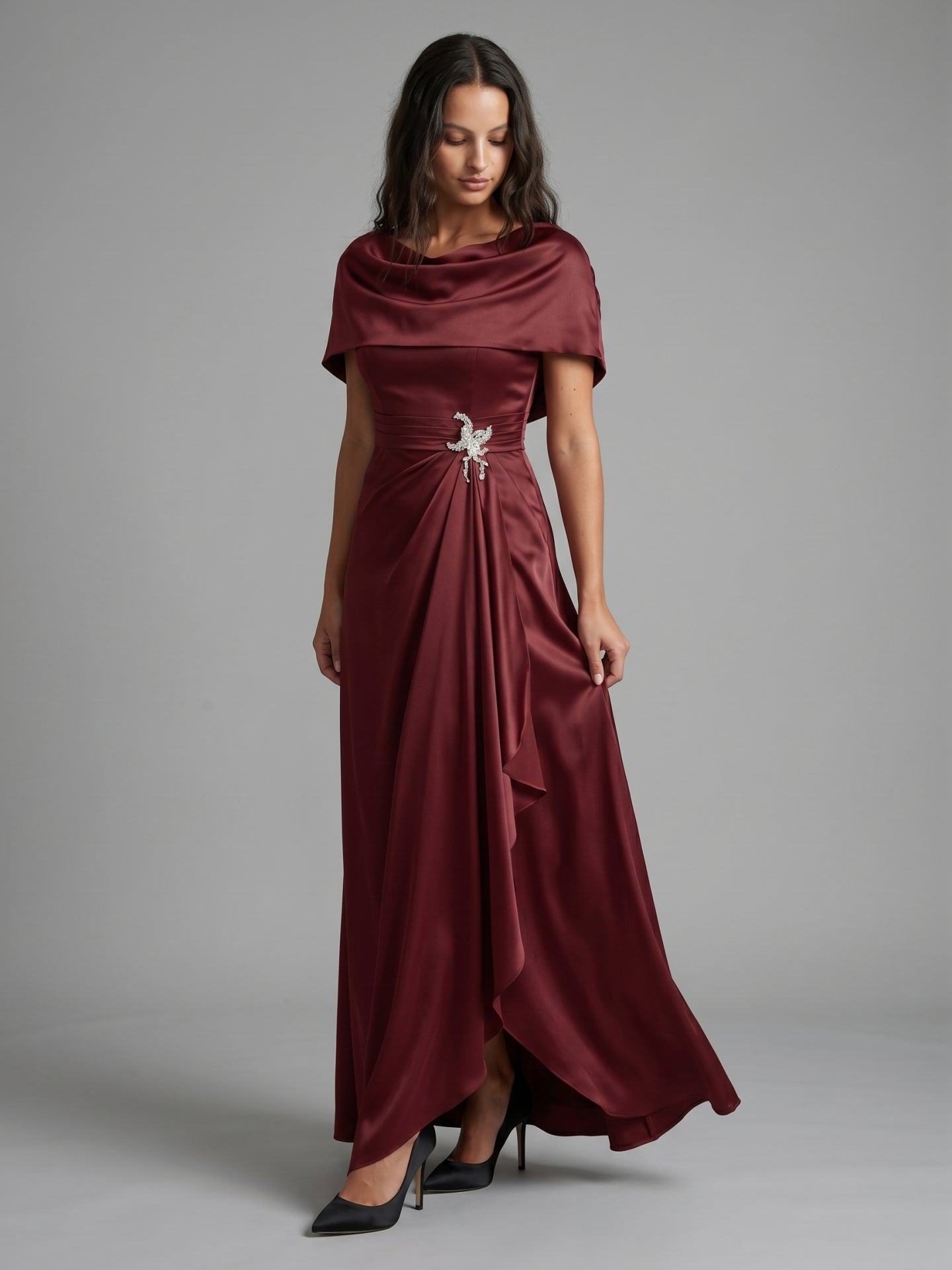 Cabernet Satin A-Line Scoop Neck Back Zip Floor-Length Bridesmaid Dress with Pleats