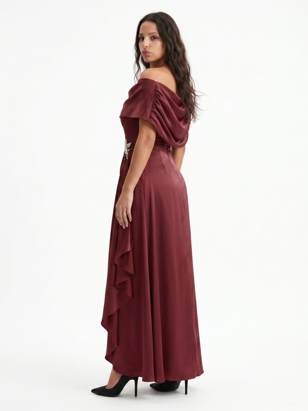 Cabernet Satin A-Line Scoop Neck Back Zip Floor-Length Bridesmaid Dress with Pleats
