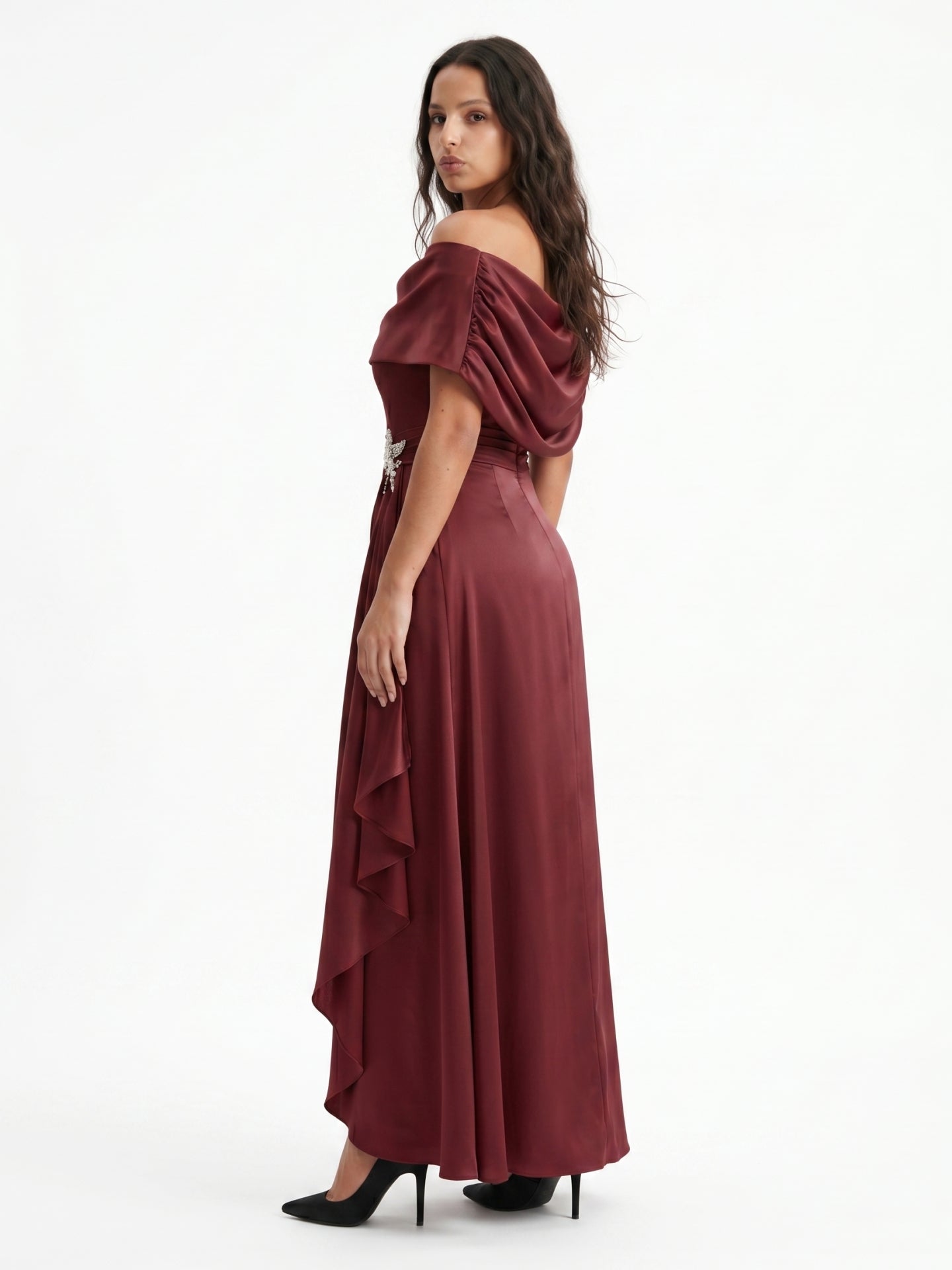 Cabernet Satin A-Line Scoop Neck Back Zip Floor-Length Bridesmaid Dress with Pleats