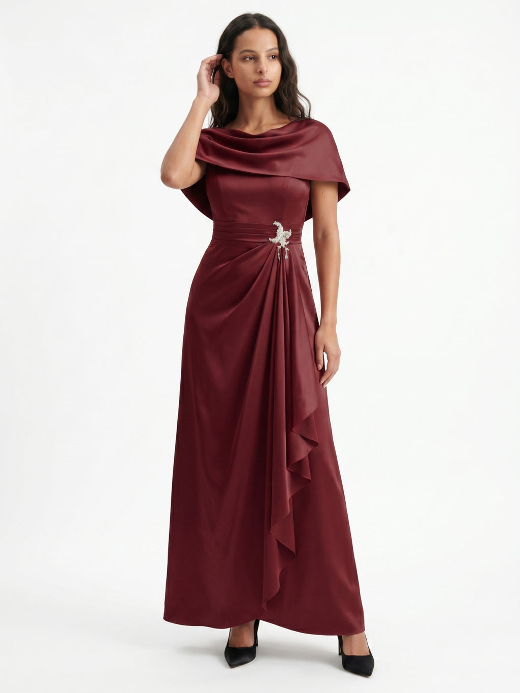 Cabernet Satin A-Line Scoop Neck Back Zip Floor-Length Bridesmaid Dress with Pleats