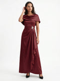 Cabernet Satin A-Line Scoop Neck Back Zip Floor-Length Bridesmaid Dress with Pleats