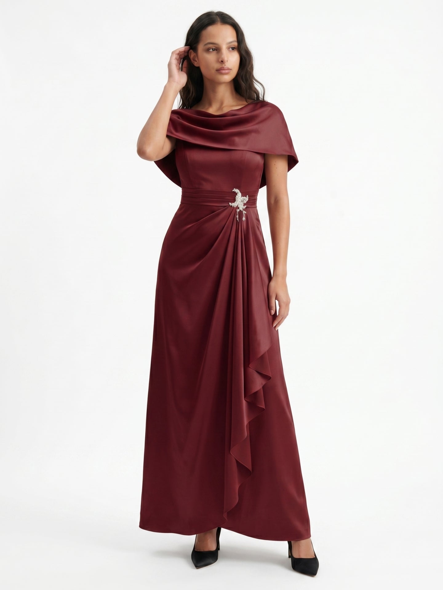 Cabernet Satin A-Line Scoop Neck Back Zip Floor-Length Bridesmaid Dress with Pleats