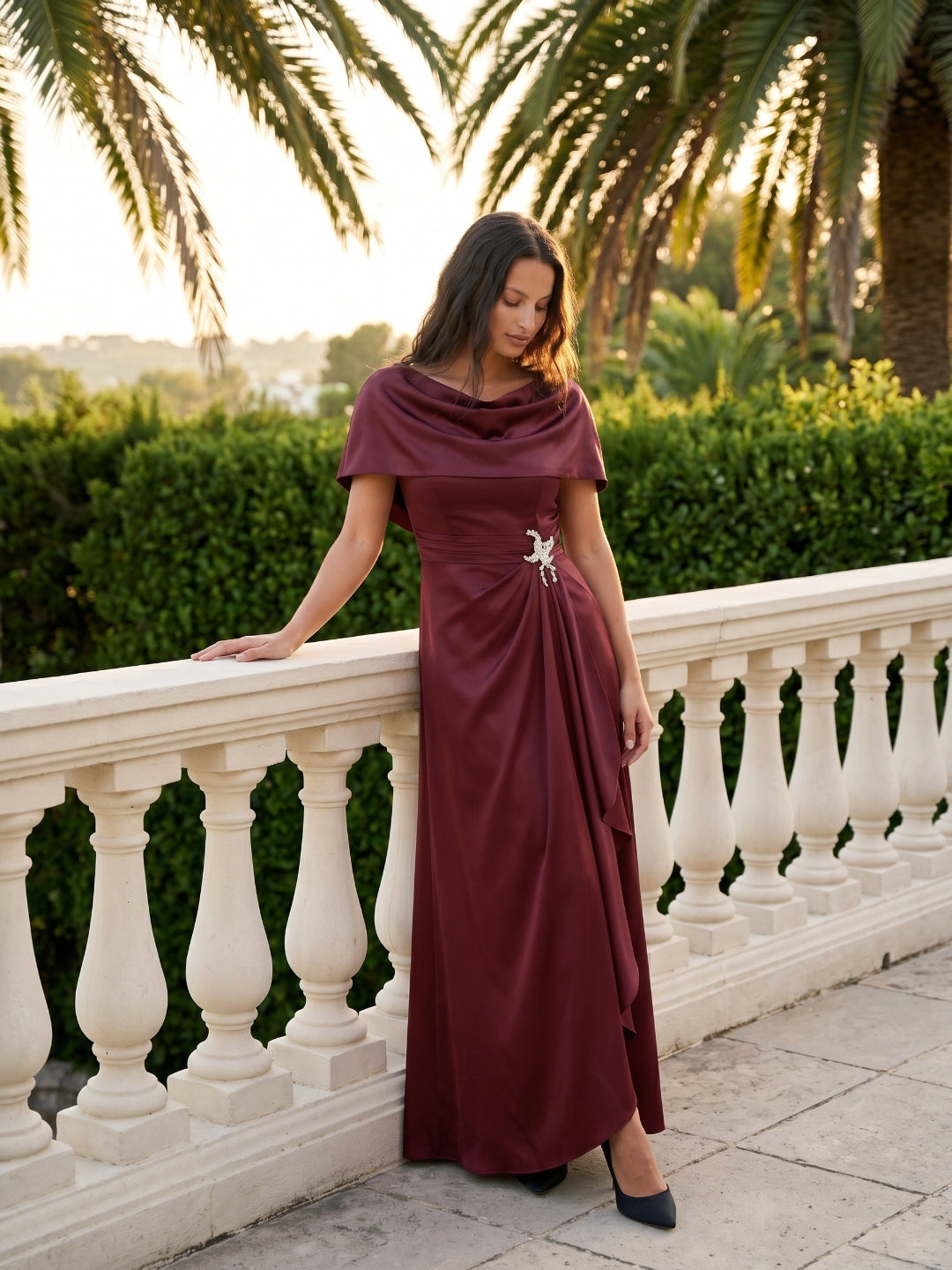 Cabernet Satin A-Line Scoop Neck Back Zip Floor-Length Bridesmaid Dress with Pleats