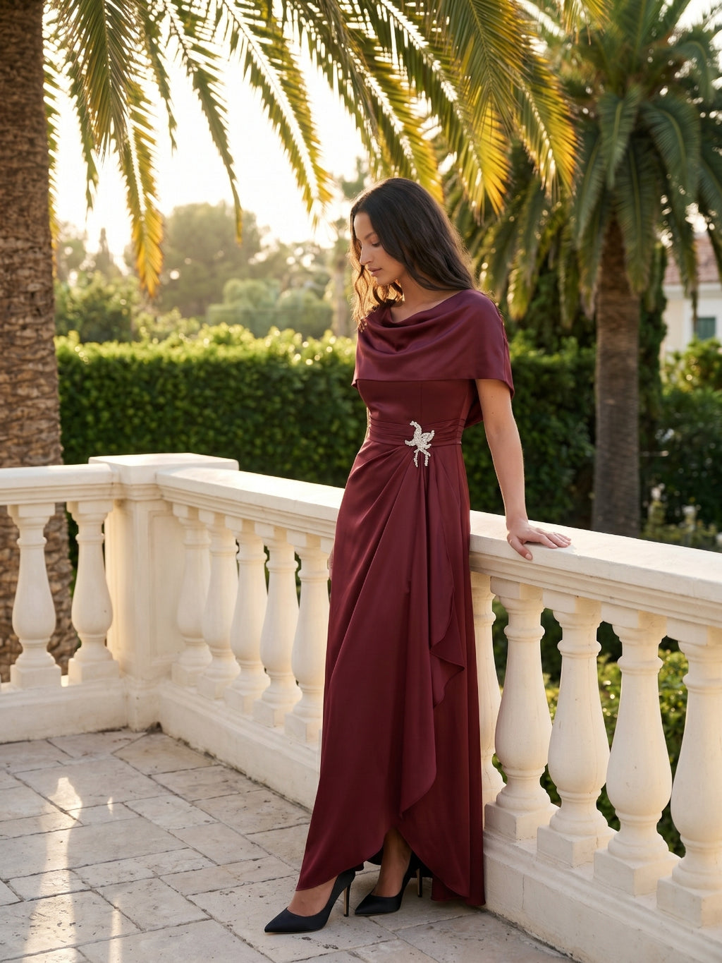 Cabernet Satin A-Line Scoop Neck Back Zip Floor-Length Bridesmaid Dress with Pleats