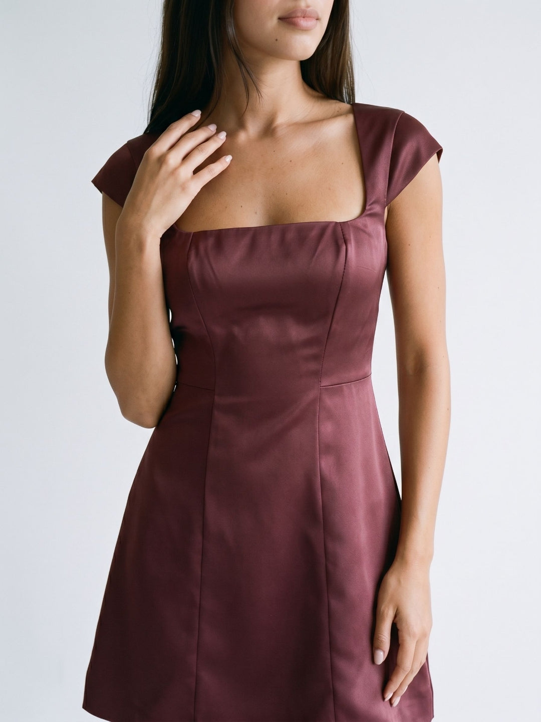 Cabernet Satin A-Line Square Neck Back Zip Short Dress with Pleating