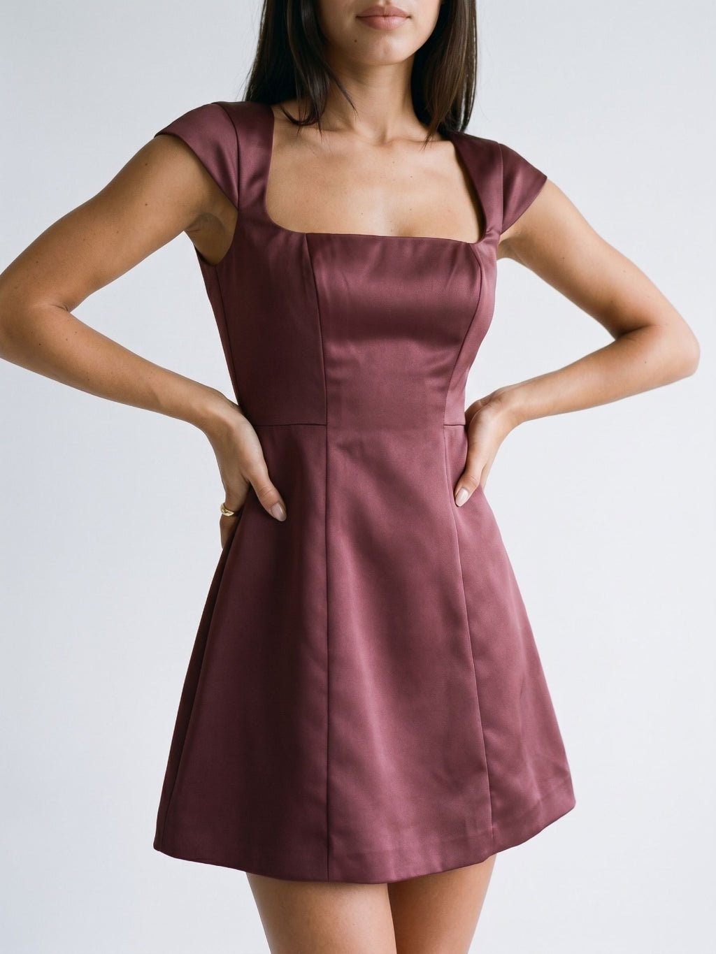 Cabernet Satin A-Line Square Neck Back Zip Short Dress with Pleating
