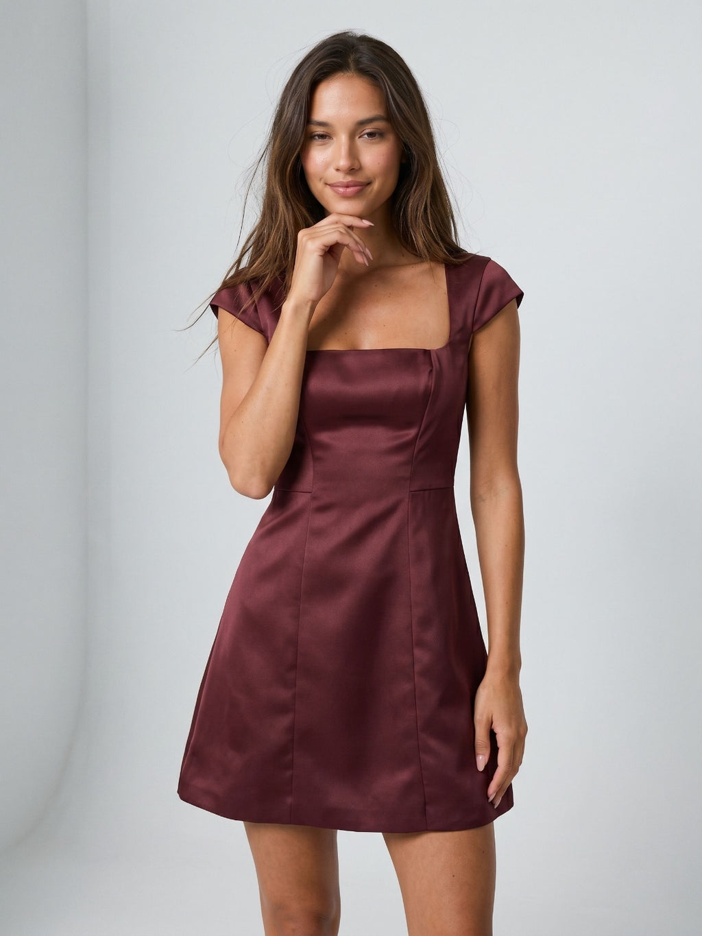 Cabernet Satin A-Line Square Neck Back Zip Short Dress with Pleating