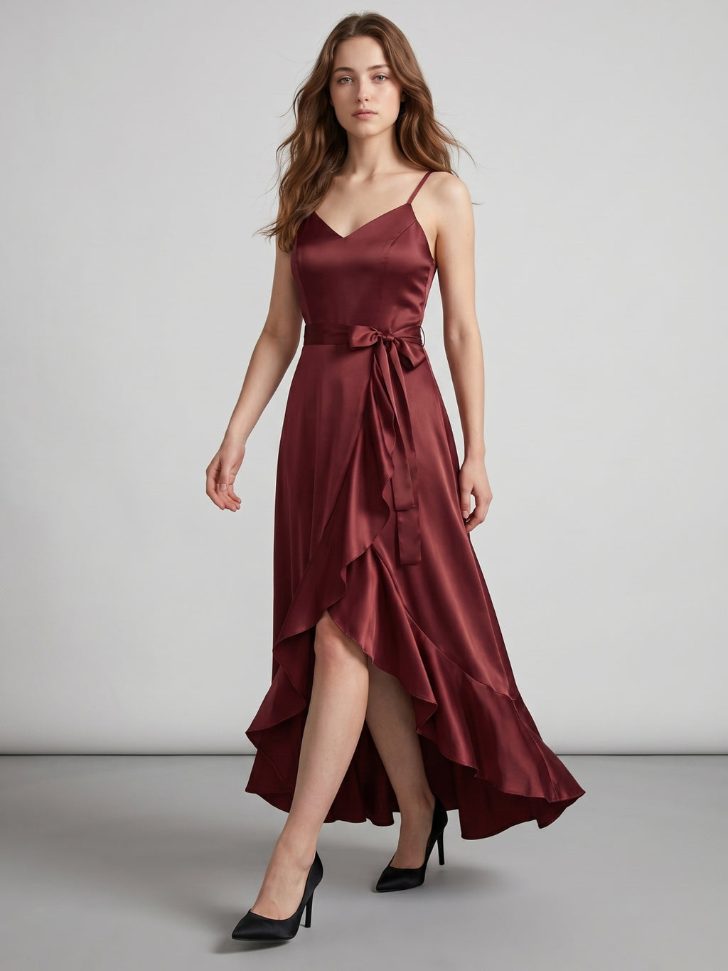 Cabernet Satin A-Line V-Neck Backless Asymmetrical Bridesmaid Dress with Ruffle