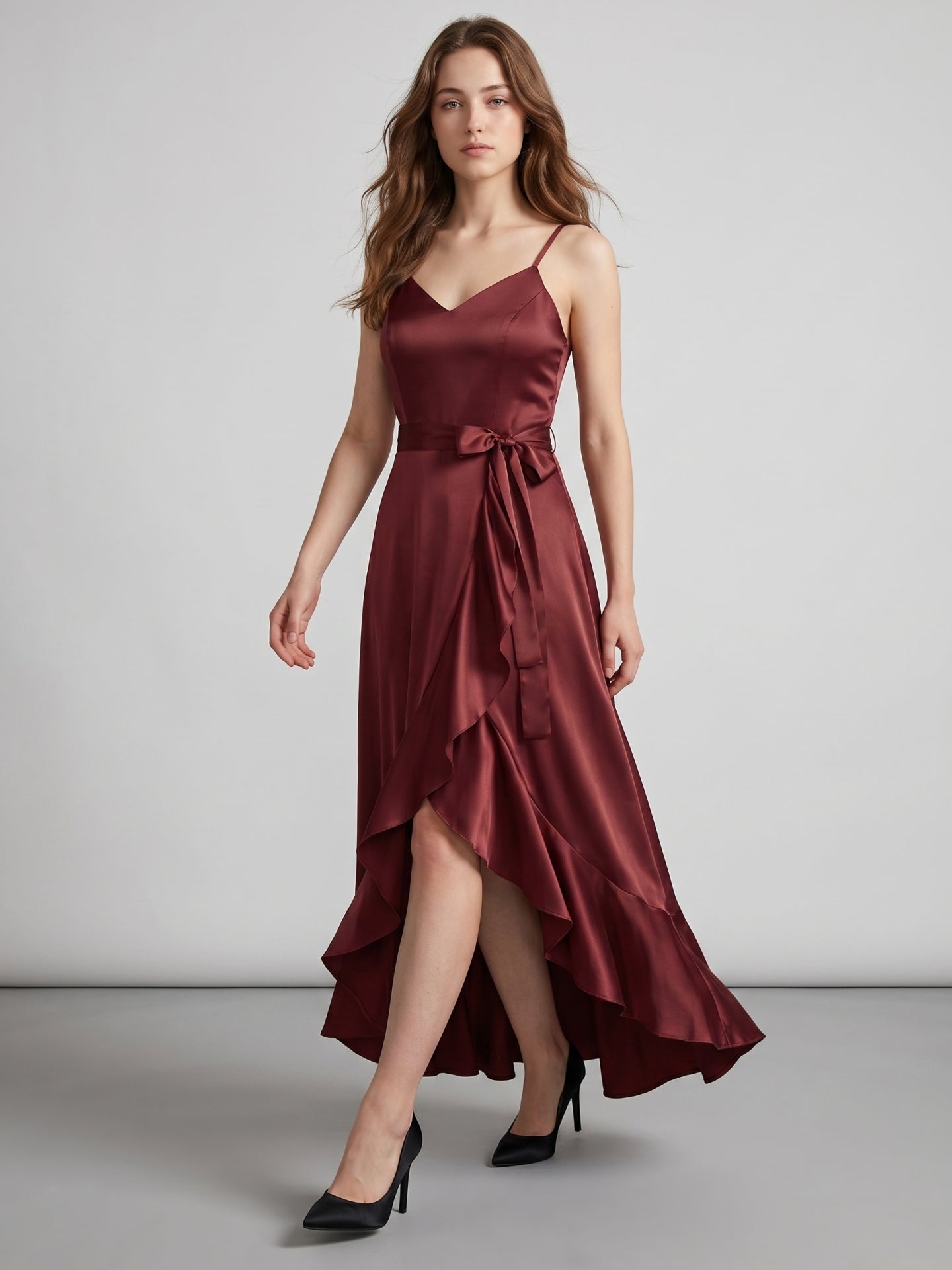 Cabernet Satin A-Line V-Neck Backless Asymmetrical Bridesmaid Dress with Ruffle