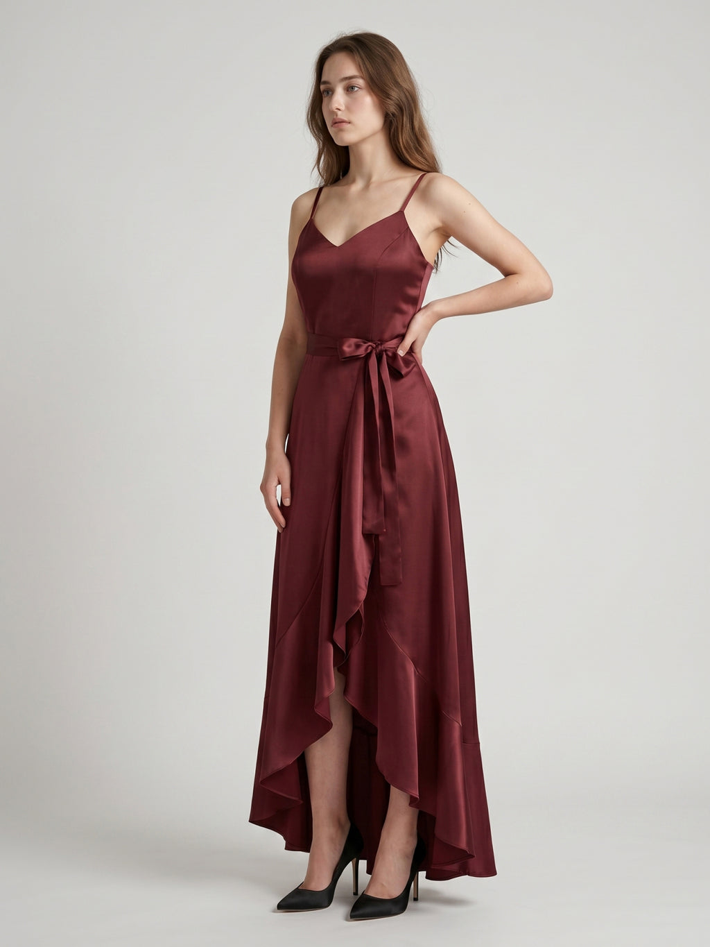 Cabernet Satin A-Line V-Neck Backless Asymmetrical Bridesmaid Dress with Ruffle
