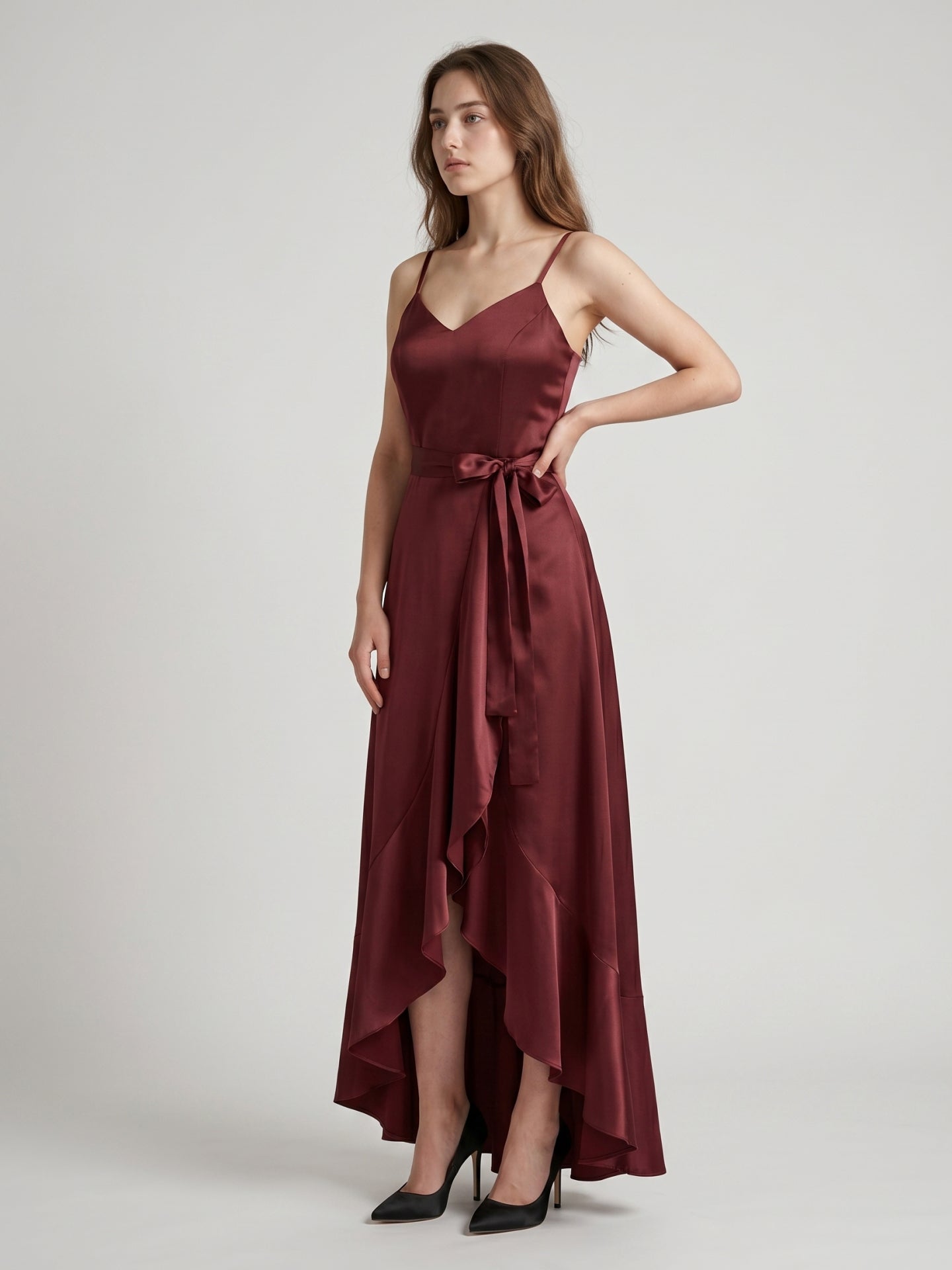 Cabernet Satin A-Line V-Neck Backless Asymmetrical Bridesmaid Dress with Ruffle