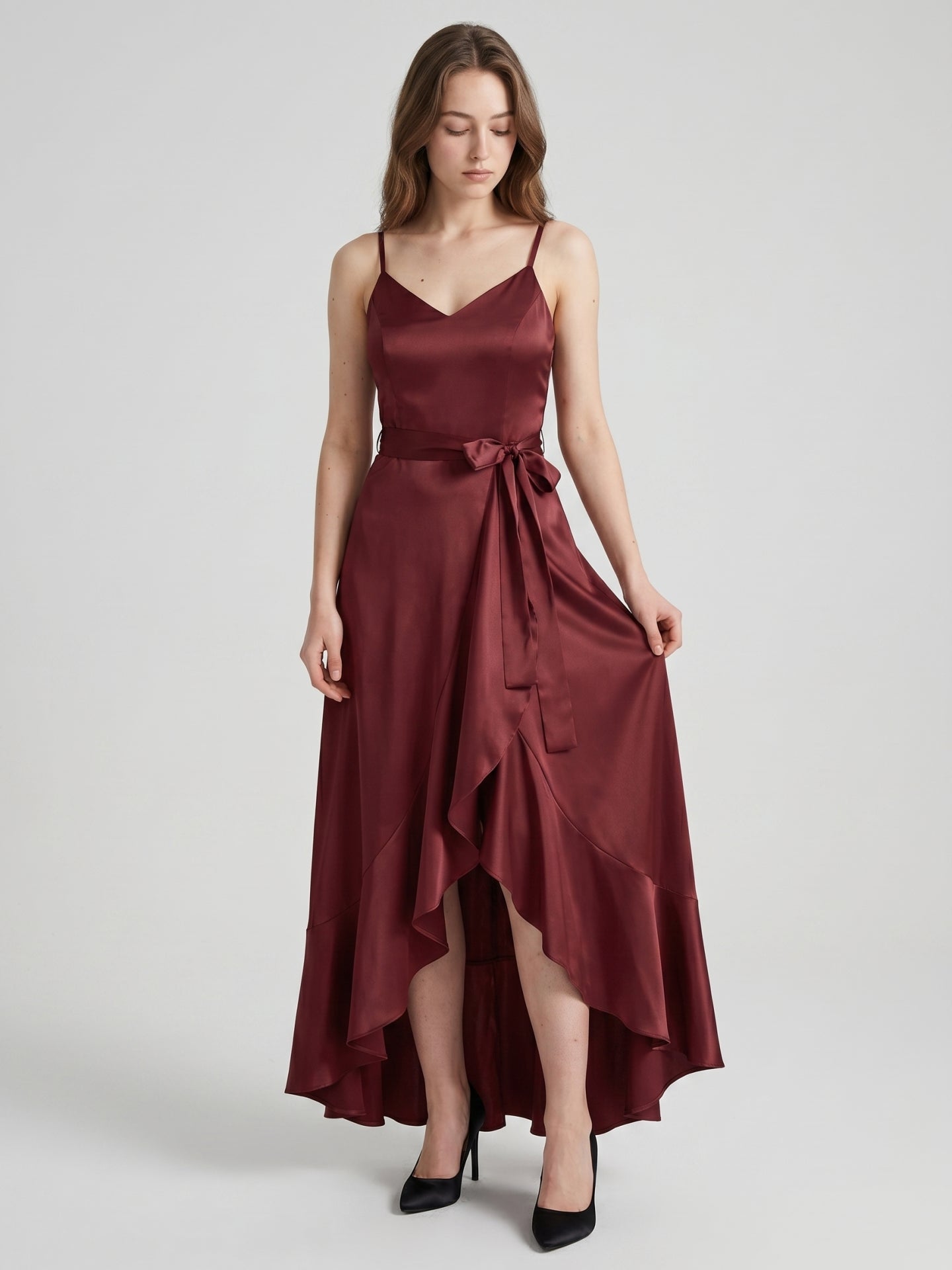 Cabernet Satin A-Line V-Neck Backless Asymmetrical Bridesmaid Dress with Ruffle