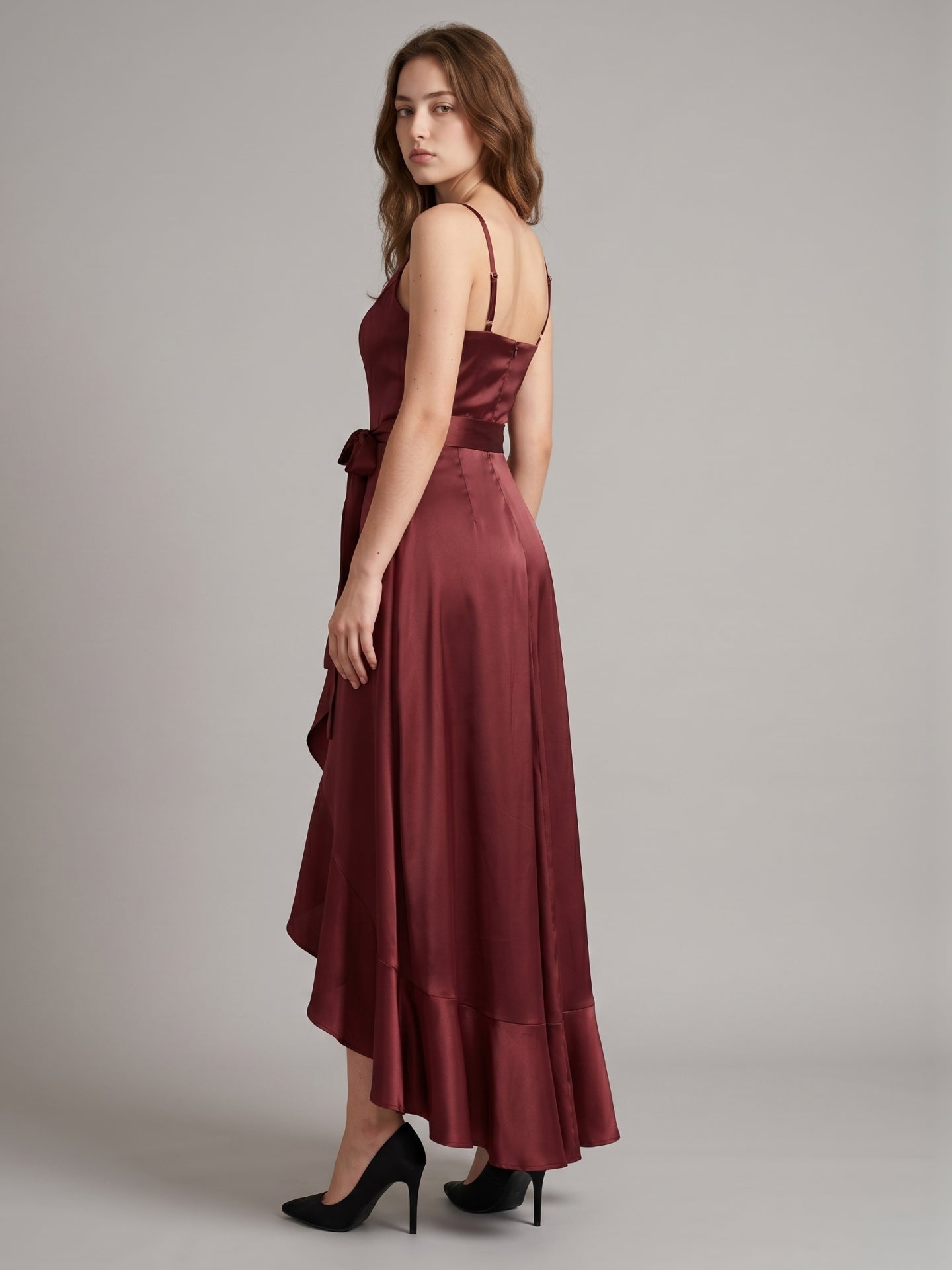 Cabernet Satin A-Line V-Neck Backless Asymmetrical Bridesmaid Dress with Ruffle