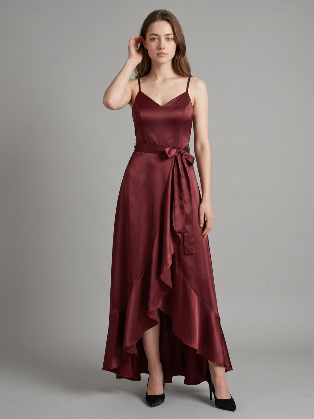 Cabernet Satin A-Line V-Neck Backless Asymmetrical Bridesmaid Dress with Ruffle