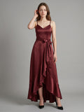 Cabernet Satin A-Line V-Neck Backless Asymmetrical Bridesmaid Dress with Ruffle