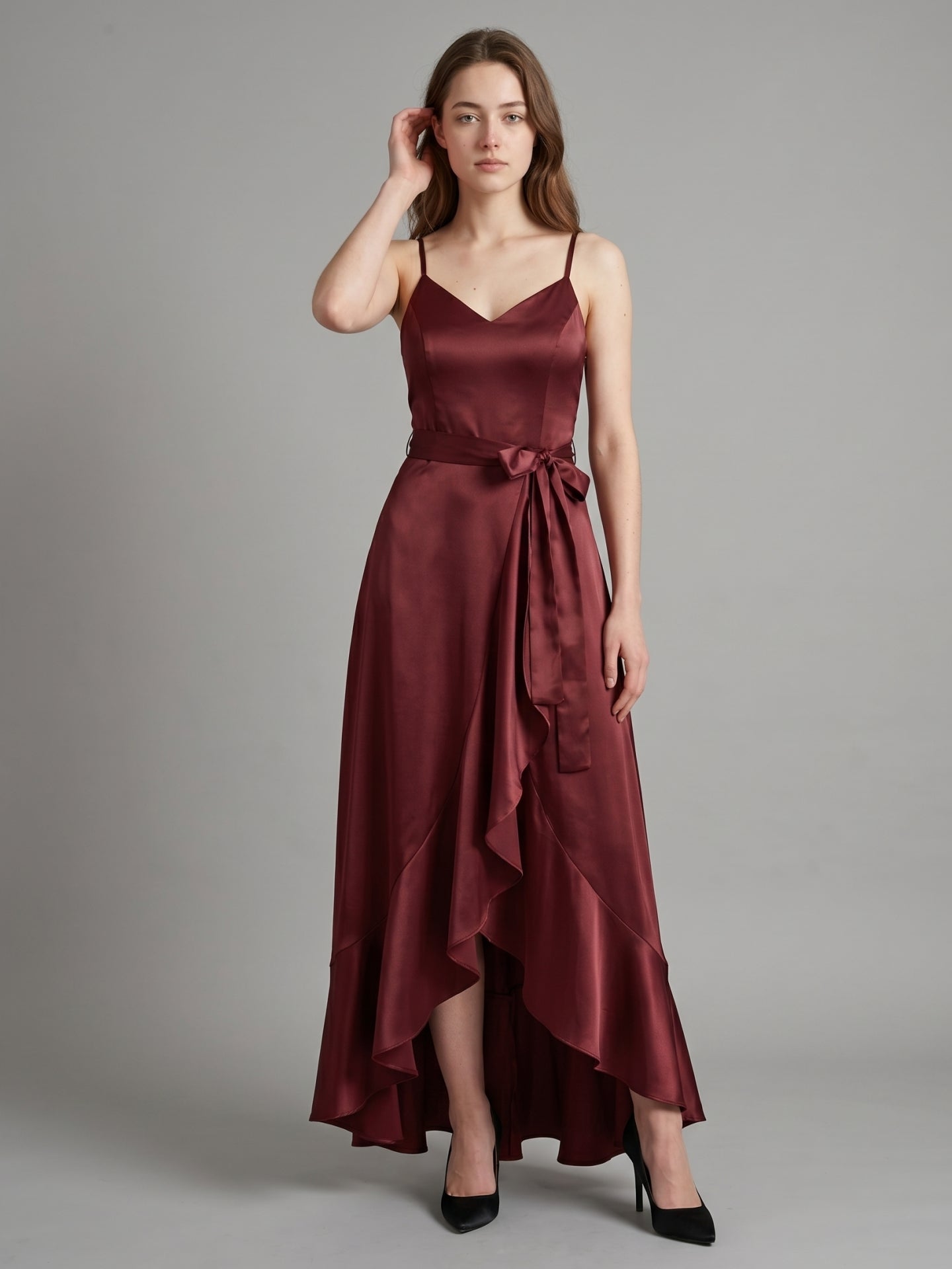 Cabernet Satin A-Line V-Neck Backless Asymmetrical Bridesmaid Dress with Ruffle