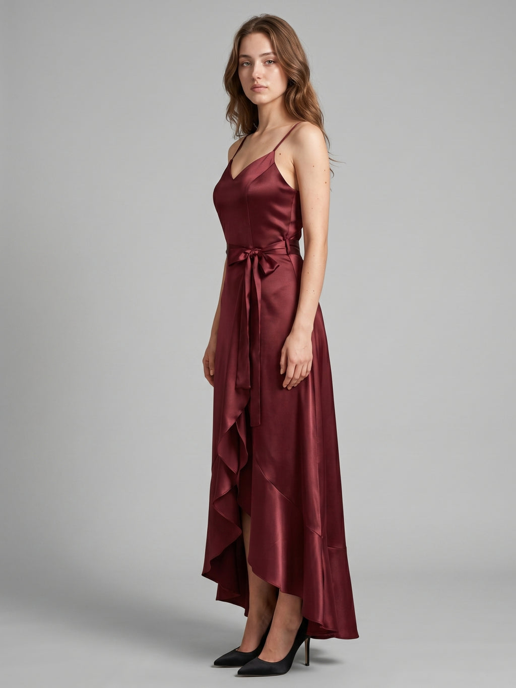 Cabernet Satin A-Line V-Neck Backless Asymmetrical Bridesmaid Dress with Ruffle