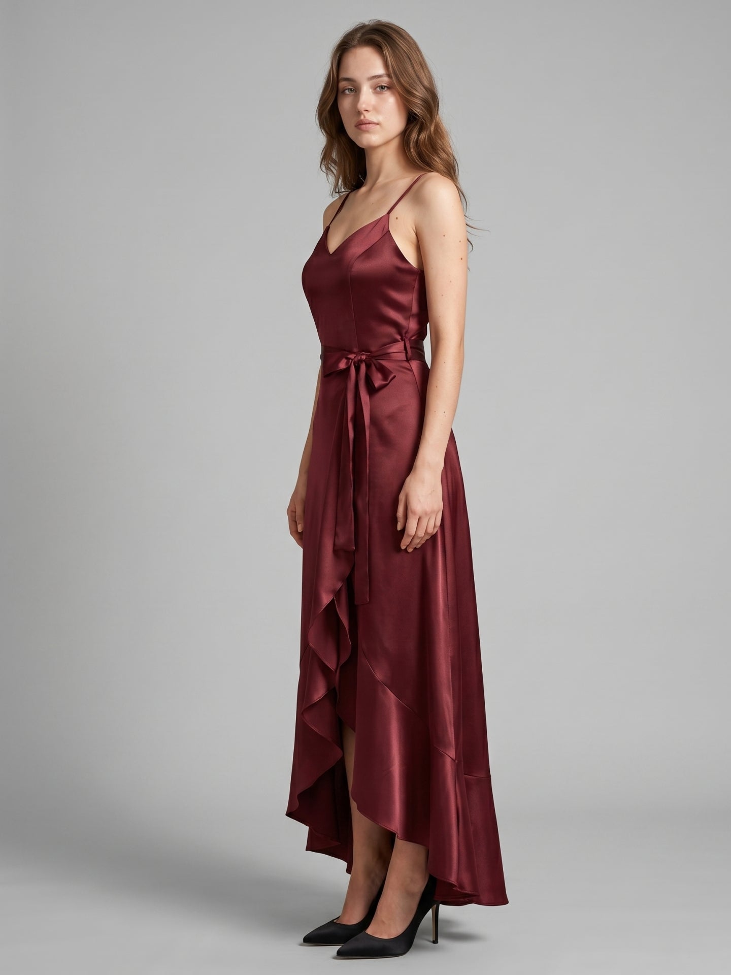 Cabernet Satin A-Line V-Neck Backless Asymmetrical Bridesmaid Dress with Ruffle