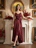 Cabernet Satin A-Line V-Neck Backless Asymmetrical Bridesmaid Dress with Ruffle