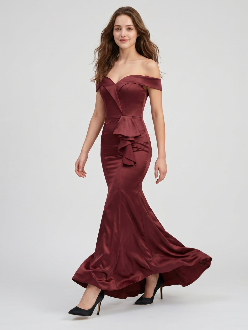 Cabernet Satin Mermaid Off-the-Shoulder Back Zip Floor-Length Bridesmaid Dress with Ruffle