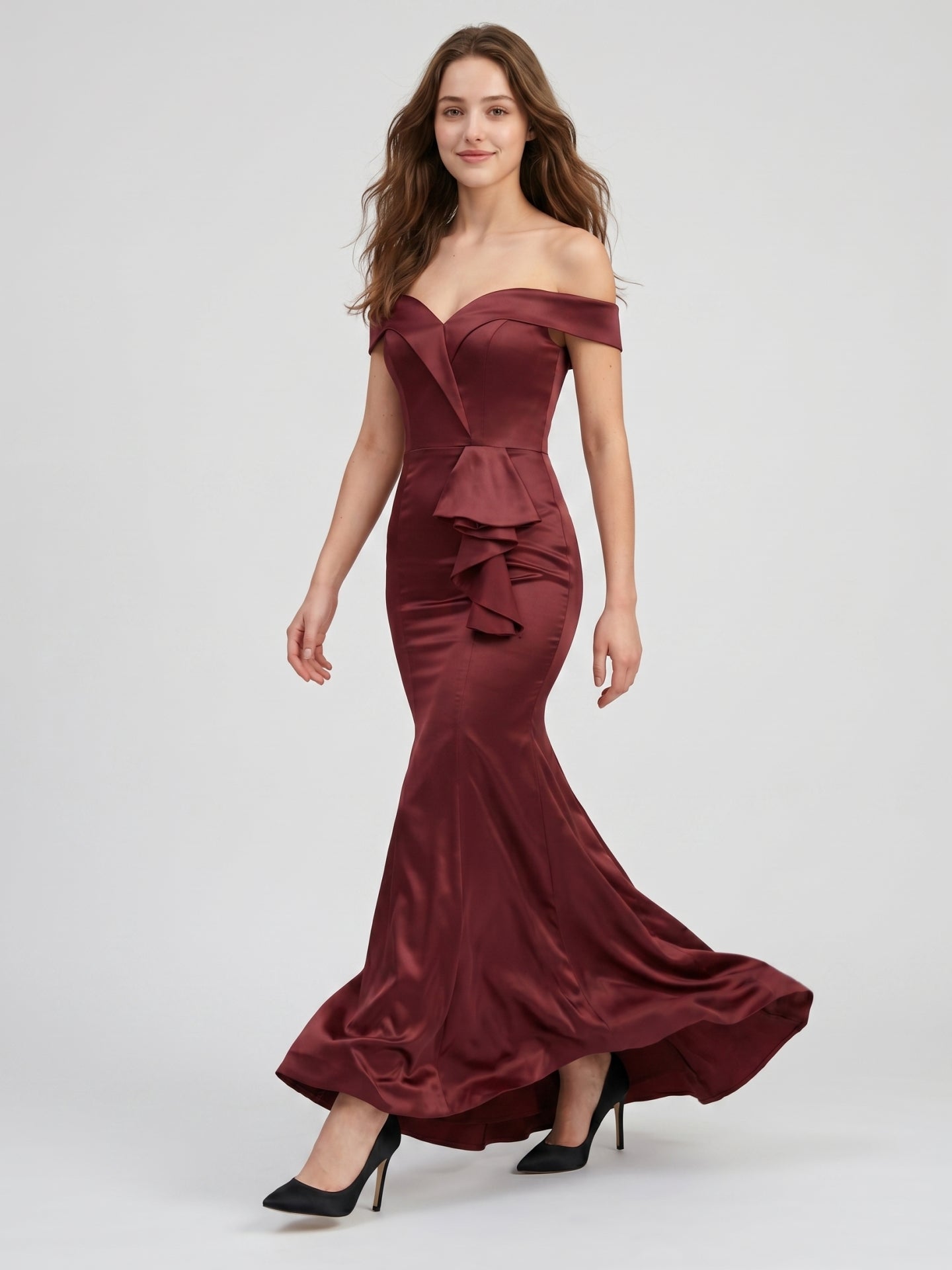 Cabernet Satin Mermaid Off-the-Shoulder Back Zip Floor-Length Bridesmaid Dress with Ruffle