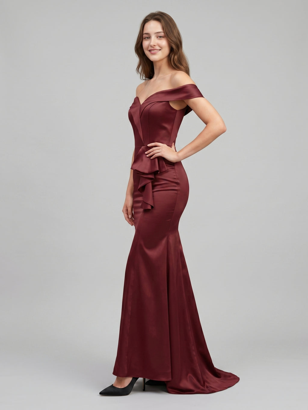 Cabernet Satin Mermaid Off-the-Shoulder Back Zip Floor-Length Bridesmaid Dress with Ruffle