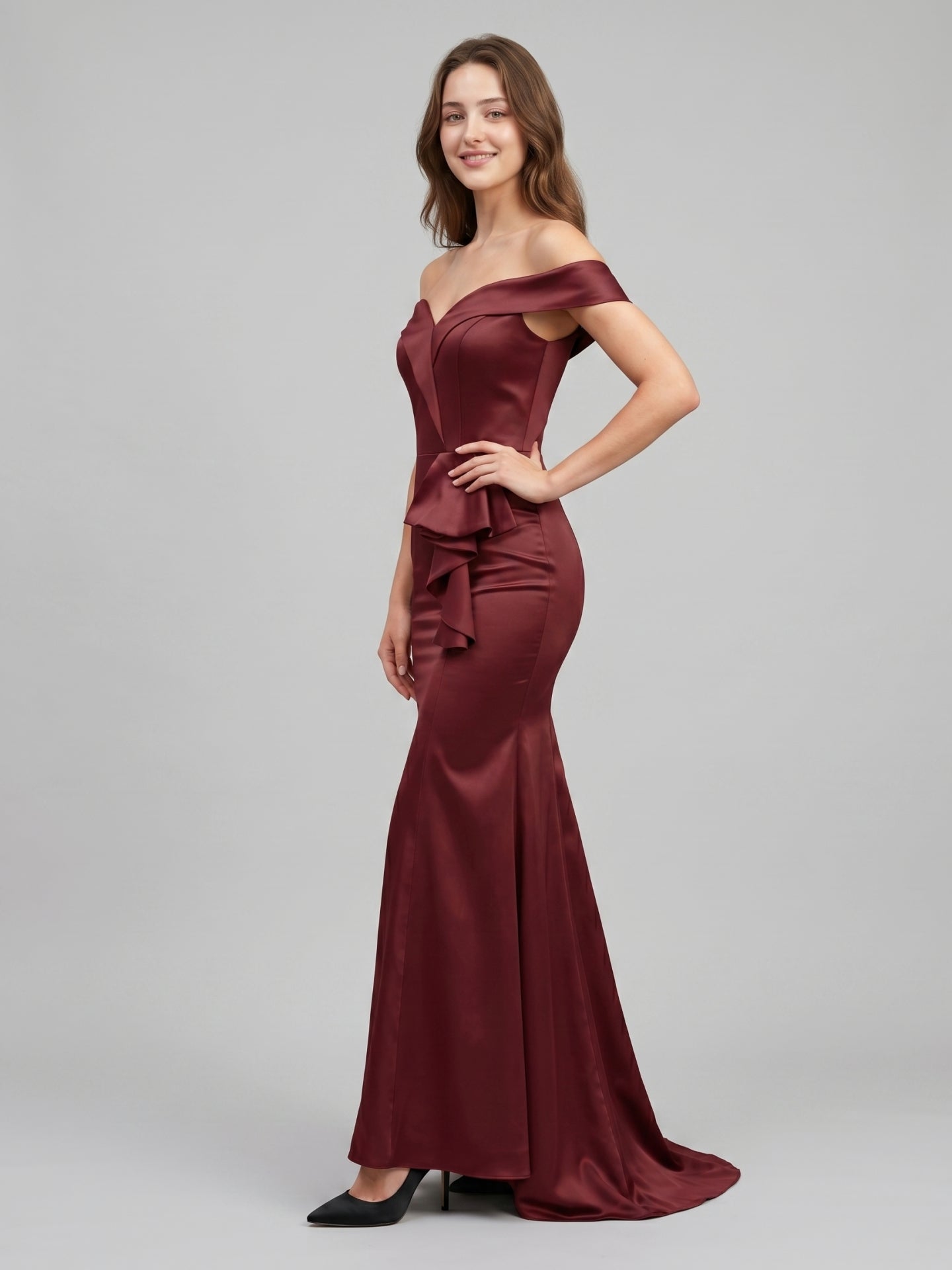 Cabernet Satin Mermaid Off-the-Shoulder Back Zip Floor-Length Bridesmaid Dress with Ruffle