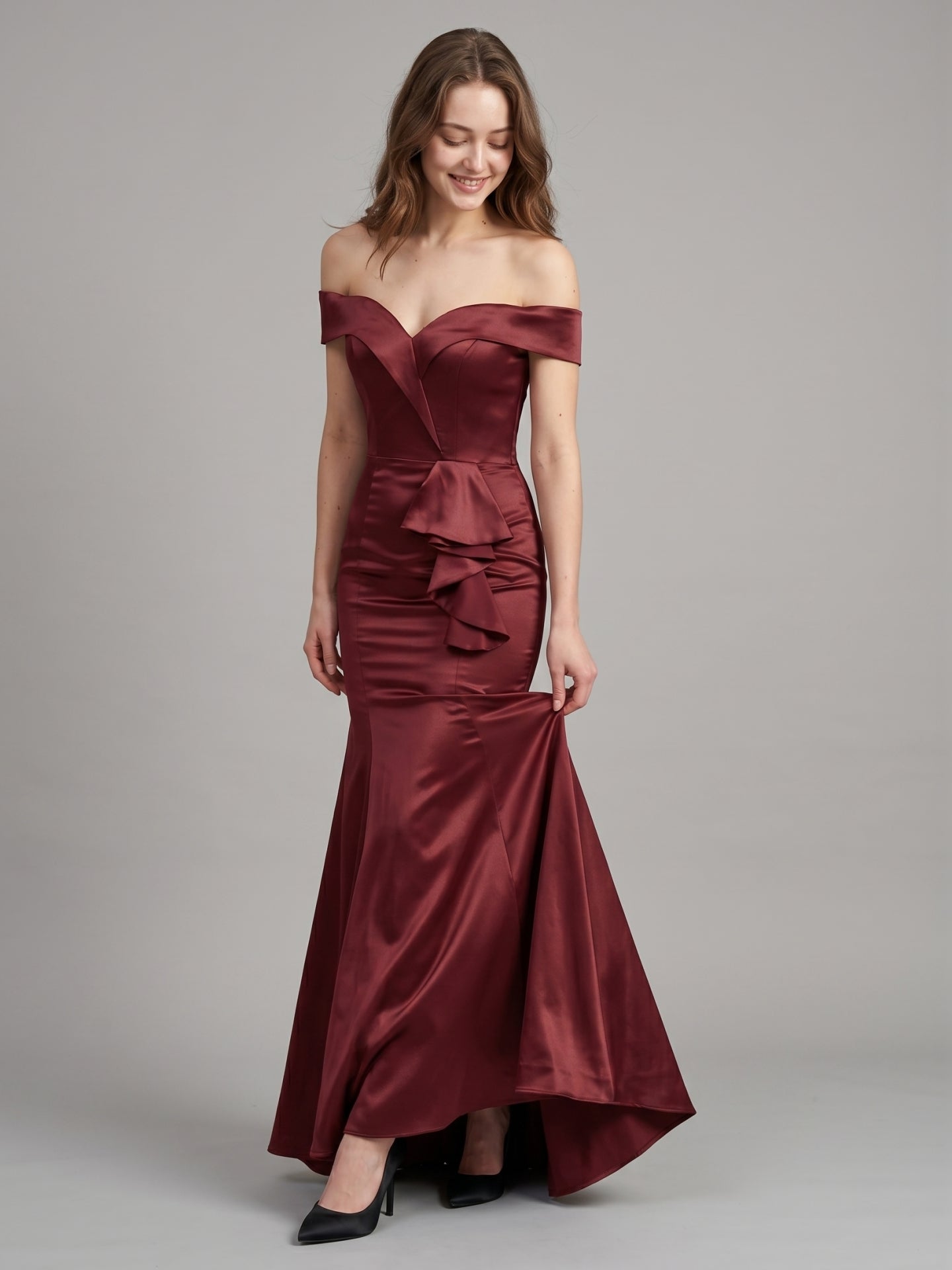 Cabernet Satin Mermaid Off-the-Shoulder Back Zip Floor-Length Bridesmaid Dress with Ruffle