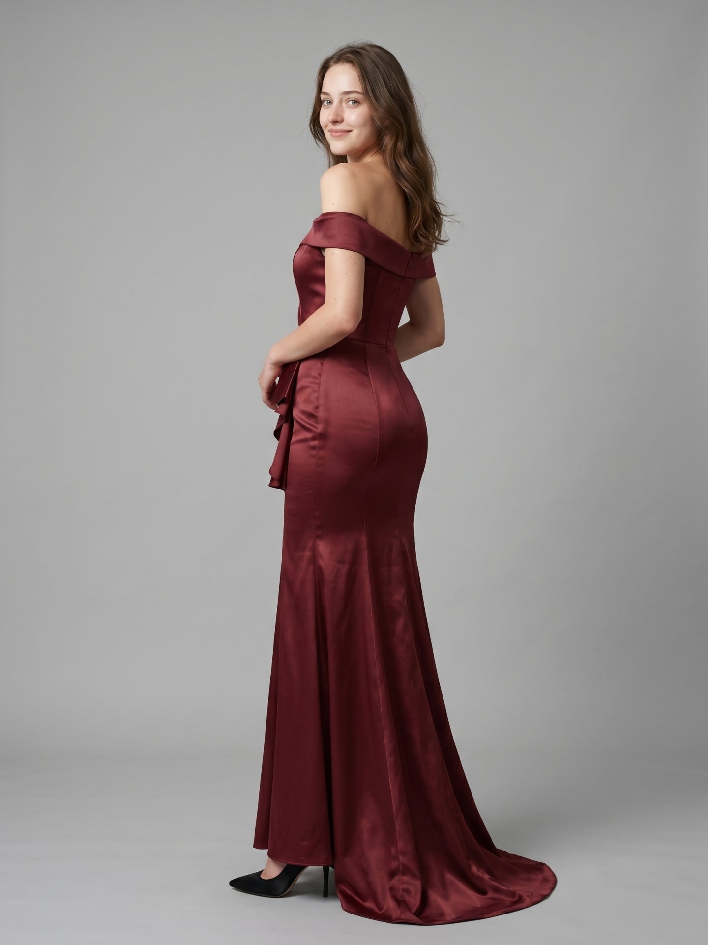 Cabernet Satin Mermaid Off-the-Shoulder Back Zip Floor-Length Bridesmaid Dress with Ruffle