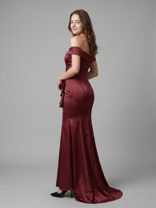 Cabernet Satin Mermaid Off-the-Shoulder Back Zip Floor-Length Bridesmaid Dress with Ruffle