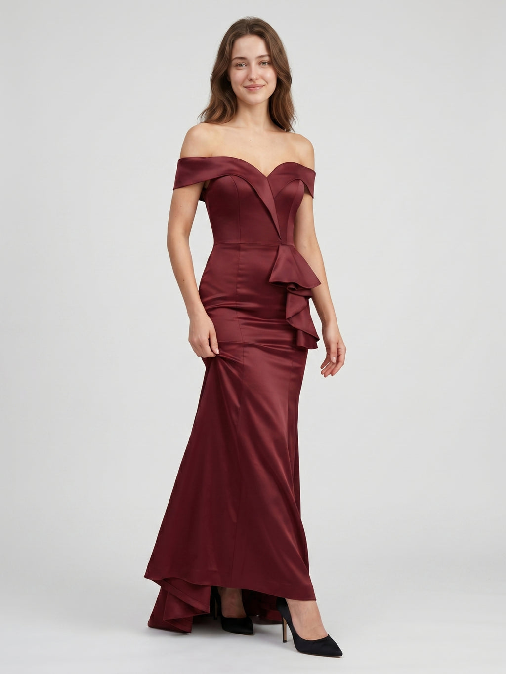 Cabernet Satin Mermaid Off-the-Shoulder Back Zip Floor-Length Bridesmaid Dress with Ruffle