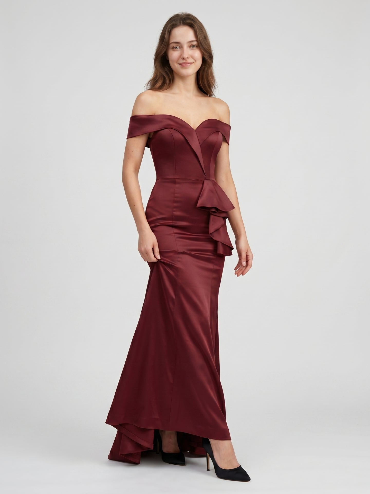 Cabernet Satin Mermaid Off-the-Shoulder Back Zip Floor-Length Bridesmaid Dress with Ruffle