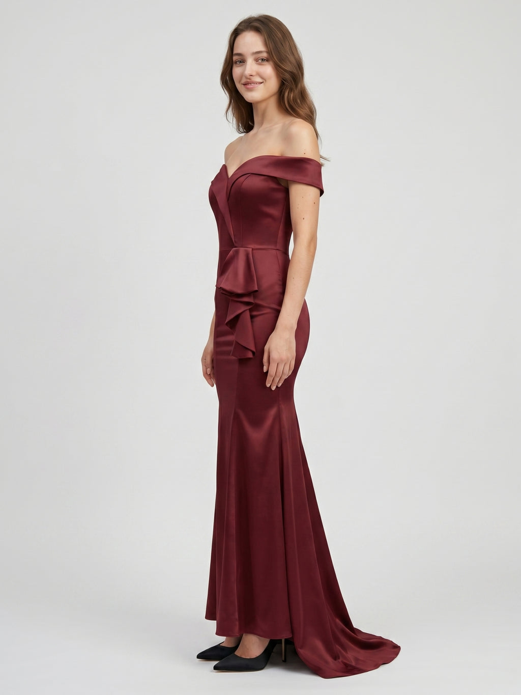Cabernet Satin Mermaid Off-the-Shoulder Back Zip Floor-Length Bridesmaid Dress with Ruffle