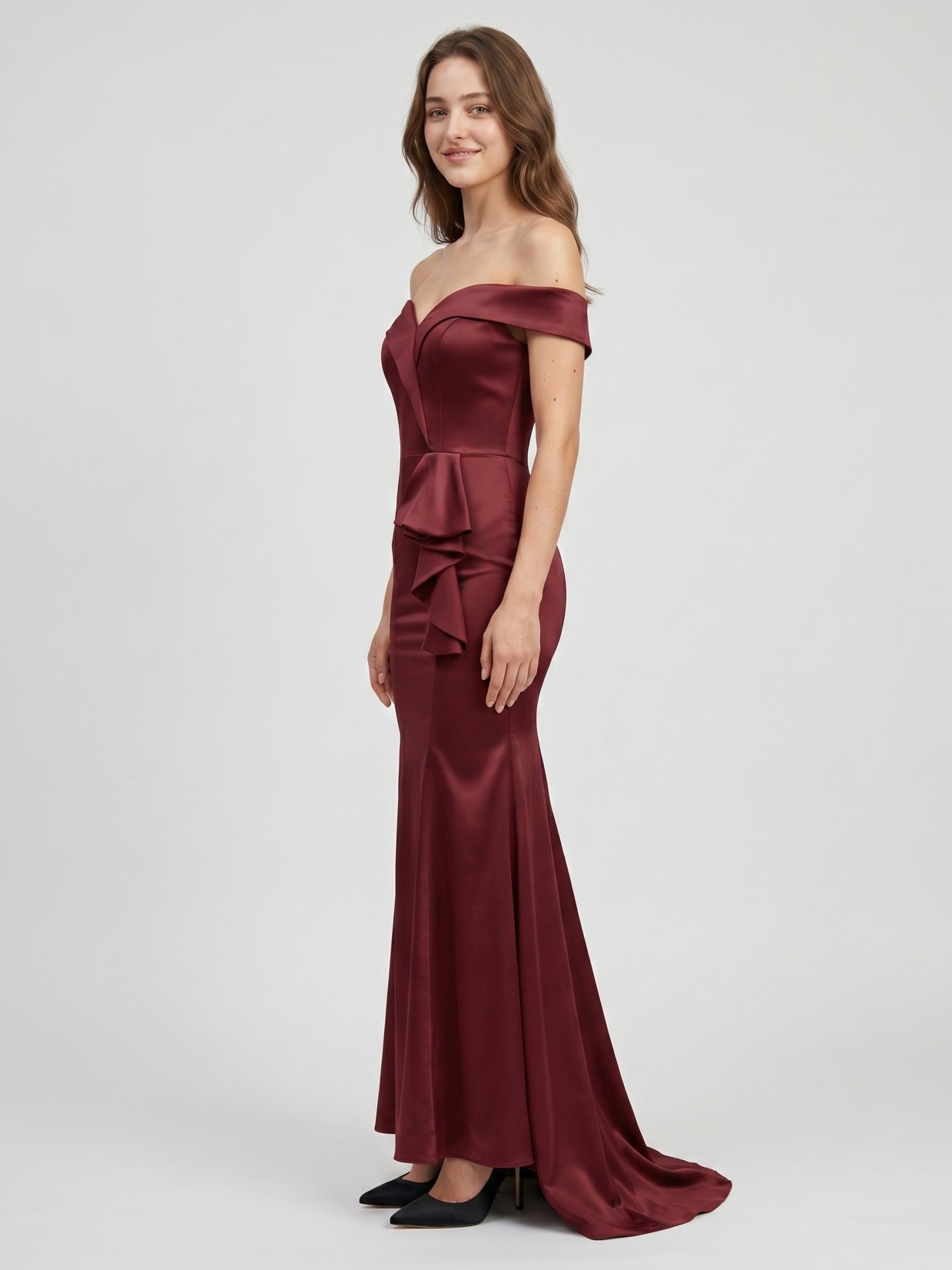 Cabernet Satin Mermaid Off-the-Shoulder Back Zip Floor-Length Bridesmaid Dress with Ruffle