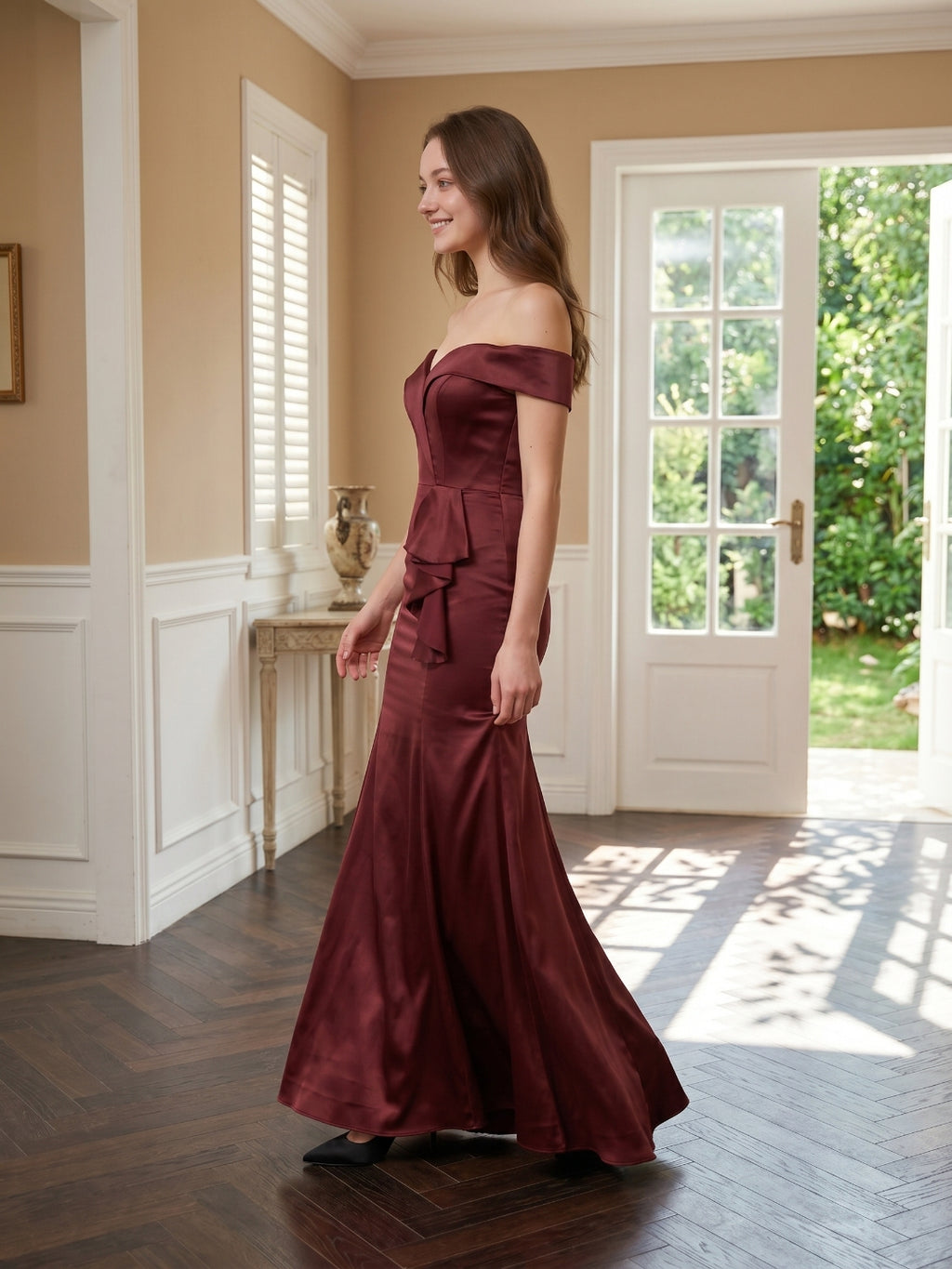 Cabernet Satin Mermaid Off-the-Shoulder Back Zip Floor-Length Bridesmaid Dress with Ruffle