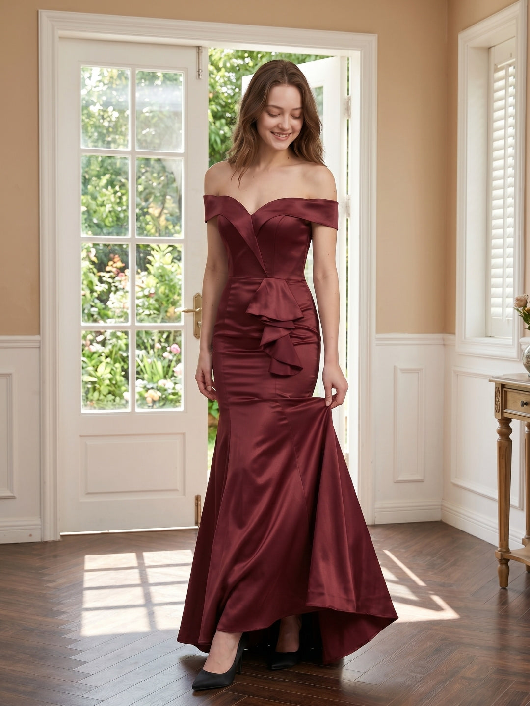 Cabernet Satin Mermaid Off-the-Shoulder Back Zip Floor-Length Bridesmaid Dress with Ruffle