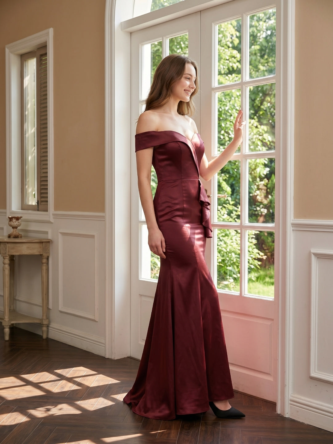 Cabernet Satin Mermaid Off-the-Shoulder Back Zip Floor-Length Bridesmaid Dress with Ruffle