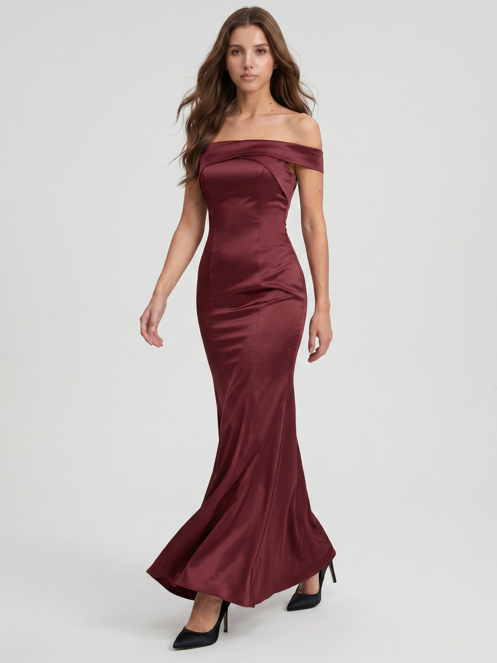 Cabernet Satin Mermaid Off-the-Shoulder Backless Floor-Length Bridesmaid Dress