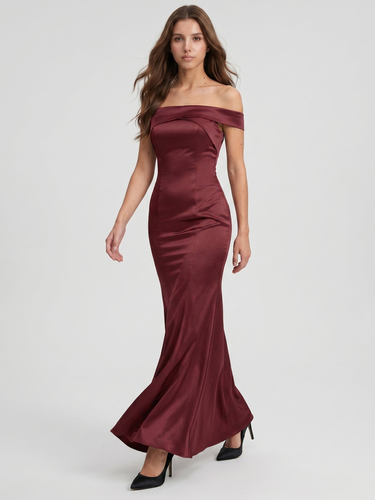 Cabernet Satin Mermaid Off-the-Shoulder Backless Floor-Length Bridesmaid Dress