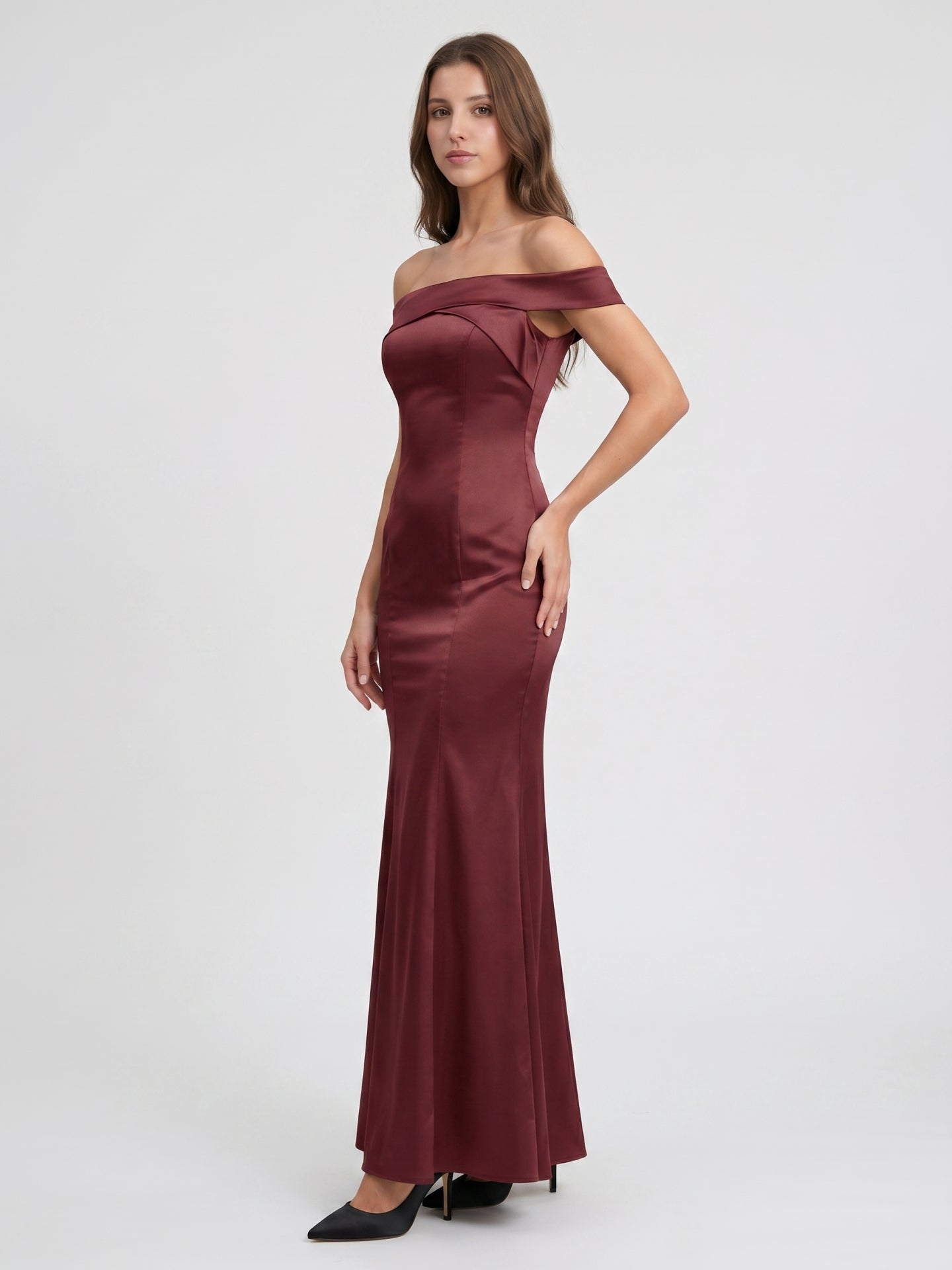 Cabernet Satin Mermaid Off-the-Shoulder Backless Floor-Length Bridesmaid Dress