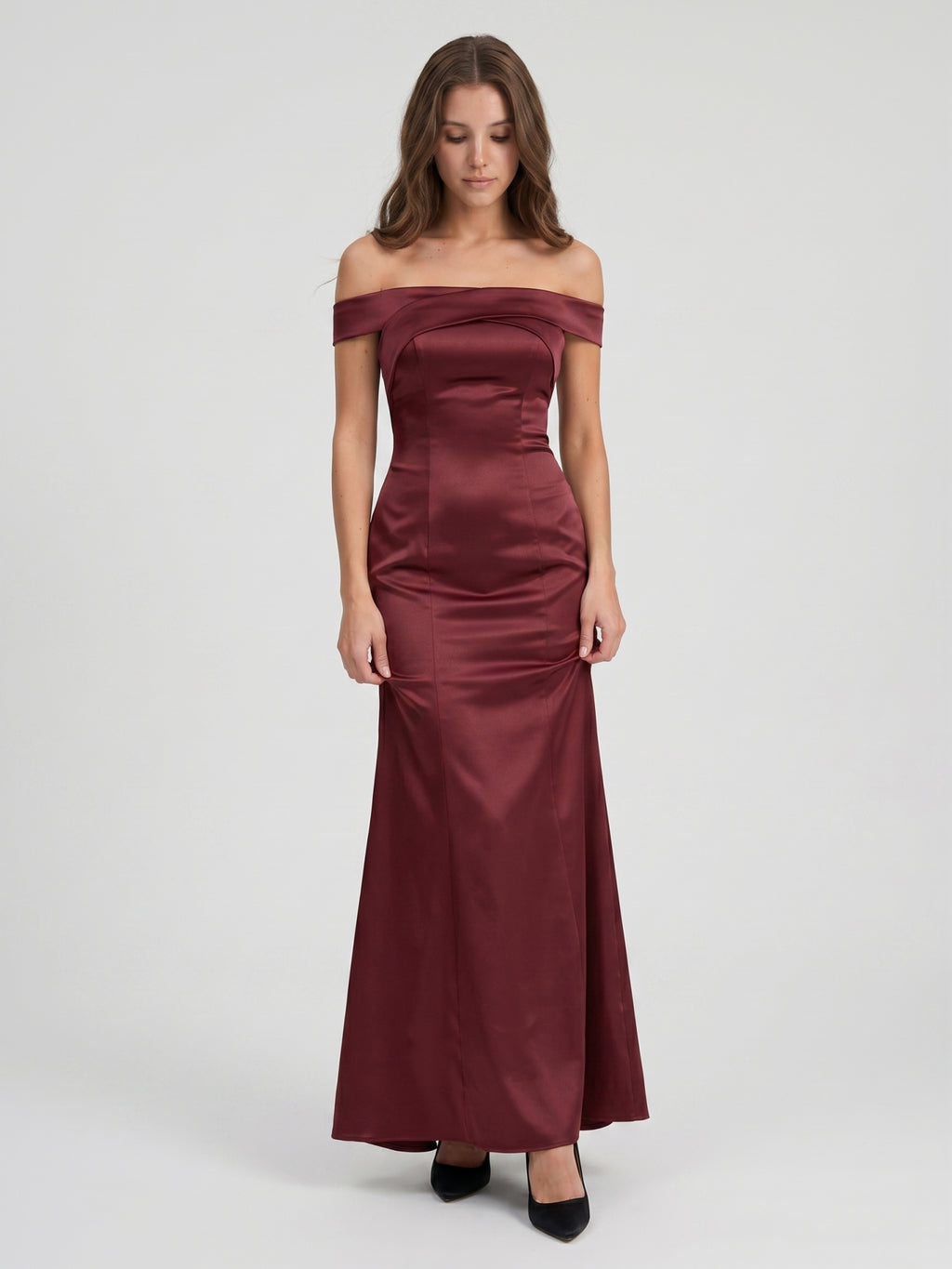 Cabernet Satin Mermaid Off-the-Shoulder Backless Floor-Length Bridesmaid Dress