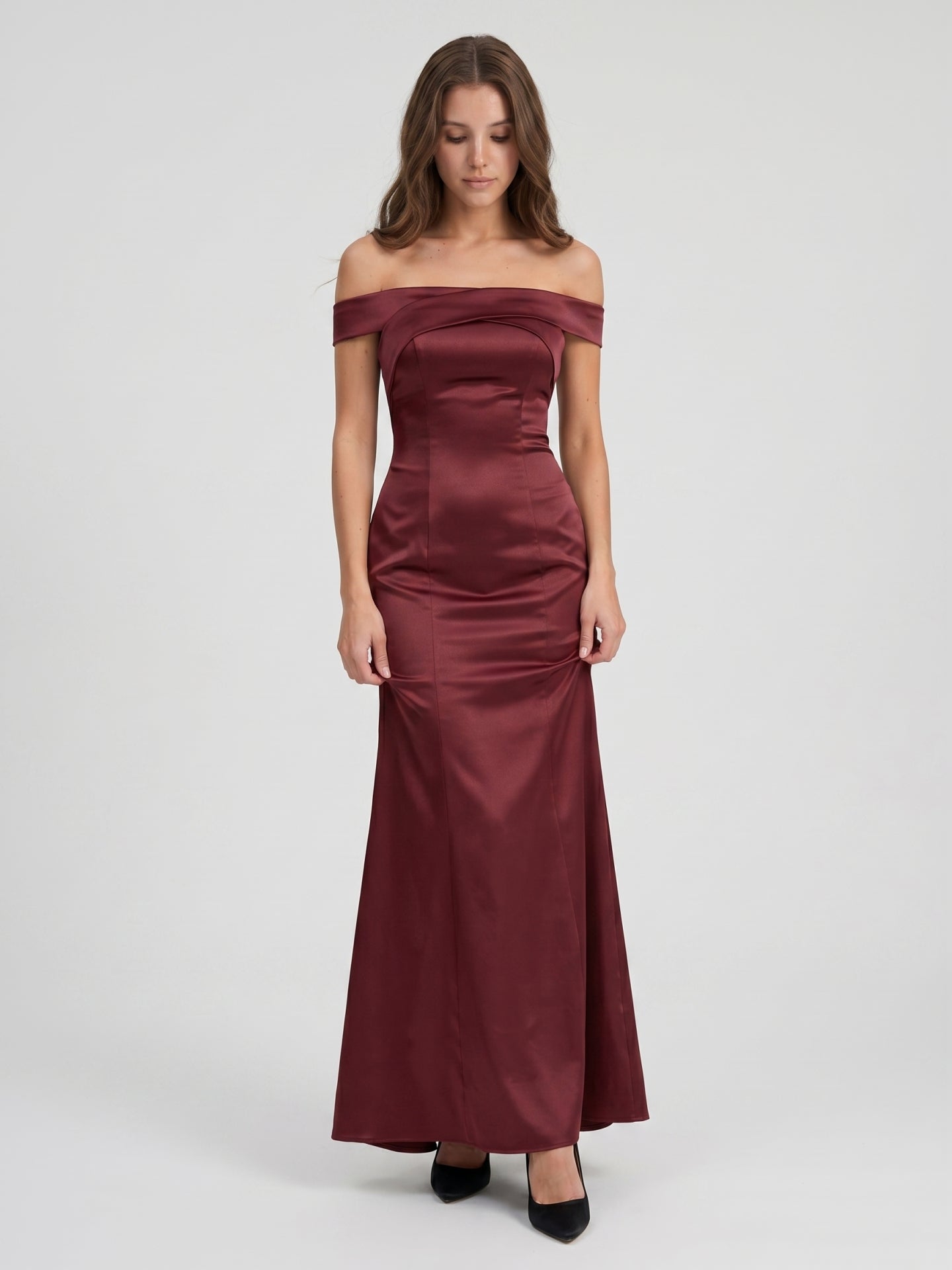 Cabernet Satin Mermaid Off-the-Shoulder Backless Floor-Length Bridesmaid Dress