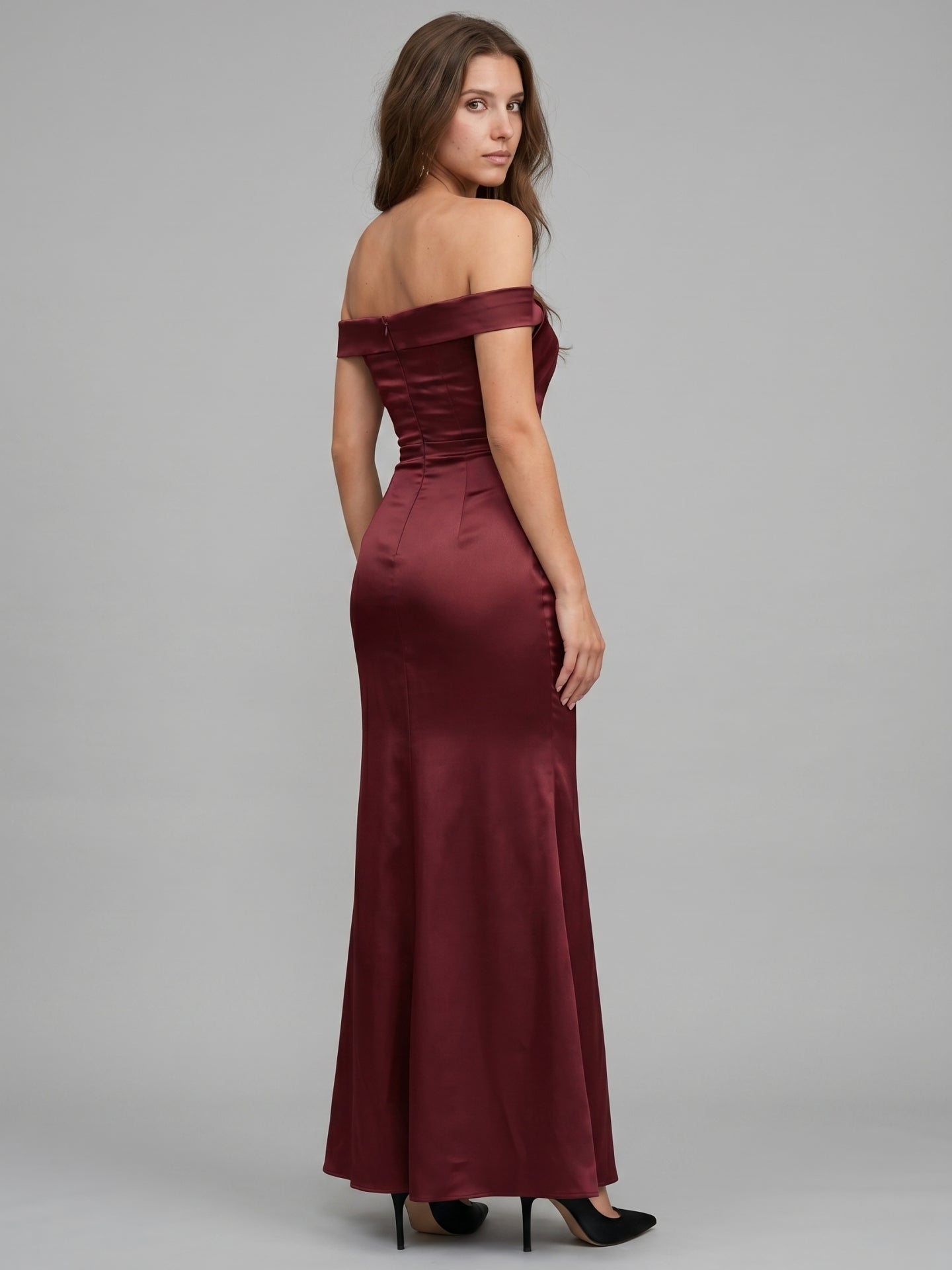Cabernet Satin Mermaid Off-the-Shoulder Backless Floor-Length Bridesmaid Dress