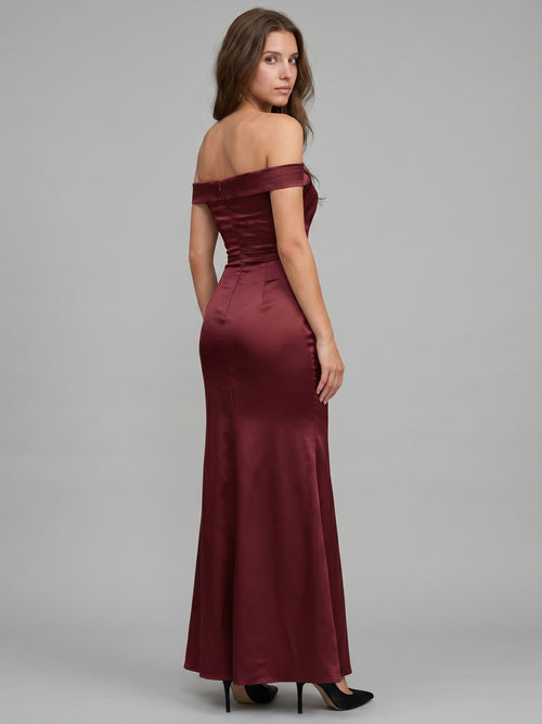 Cabernet Satin Mermaid Off-the-Shoulder Backless Floor-Length Bridesmaid Dress