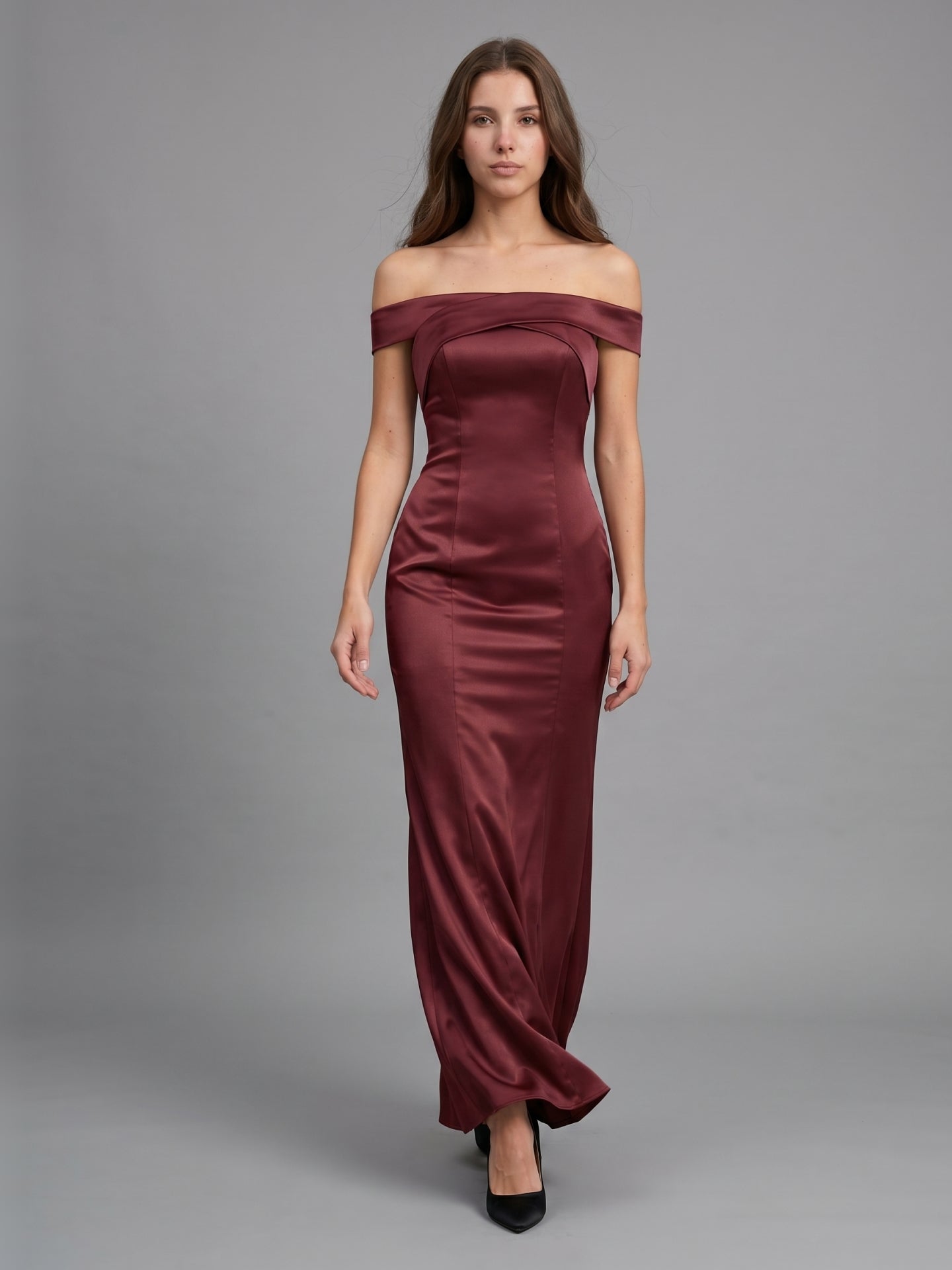Cabernet Satin Mermaid Off-the-Shoulder Backless Floor-Length Bridesmaid Dress